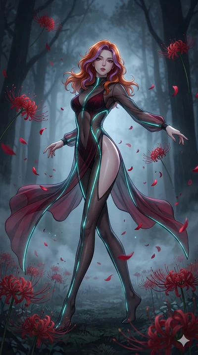score_9, masterpiece, best quality, ultra-detailed, High-budget Anime Keyframe, East Asian woman. Low angle cowboy shot filling the entire 9:16 frame with her statuesque presence. Scenario 65: Dancing amidst falling red spider lilies in a misty dark 