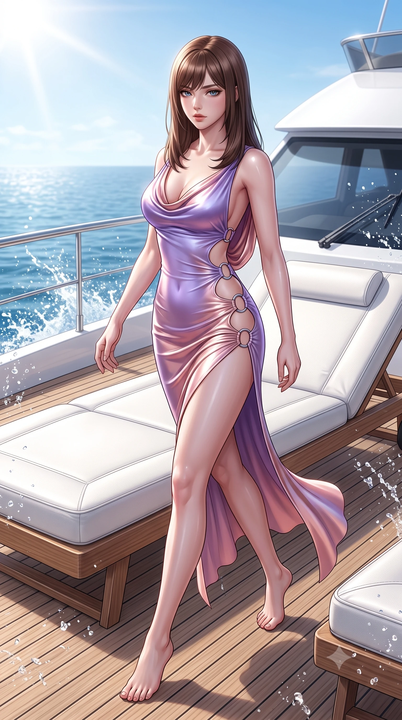 score_9, masterpiece, best quality, ultra-detailed, high-budget anime keyframe, semi-realistic 3D game render, editorial fashion photography, tasteful artistic composition, Korean woman. low angle full-body shot from head to toe showing her feet, filling the entire 9:16 vertical frame with her statuesque presence, stretching her vertical silhouette. striding forward in a proud, statuesque motion with a dangerous smolder, her vertical silhouette dominating the frame from head to toe while lounging seductively across a custom white leather sunbed on the teak deck of a luxury yacht under brilliant sun. The surrounding environment is rendered in vivid detail and crisp panoramic clarity. sharp splashing sea spray droplets, white leather sunbed seams, and cloudless sky in high clarity. She has an absolutely perfect, statuesque 8.5-heads proportion, an exceptionally tall and slender model-like female figure with impossibly long slender legs, a toned flat midriff, and an ultra-slim waist. sharp v-shaped jawline, high-bridge nose, intricate jewel-like eyes with depth, thick eyelashes, glossy lips with a natural sheen, flawlessly proportioned anatomical accuracy, strict slender model proportions, natural body alignment, perfectly sculpted long slender limbs, ultra-slim waistline, clean dynamic posture without body distortion. wearing a precision-fitted liquid jersey bodycon dress with a dramatic draped cowl back that swoops down to her waist and a high side slit in luminous lavender violet and rose gold, made of liquid metal jersey that clings flawlessly to every contour of her build, detailed with polished silver rings connecting the daring side-waist cutouts, the precision-cut daring openings accentuating her delicate midriff, graceful bare collarbones, and ultra-slim feminine waistline. illuminated by intense white fill light and crisp specular highlights tracing her slender curves. highly saturated vibrant anime colors, detailed shading with soft gradients, rich glossy textures, high-contrast stereoscopic depth, volumetric dynamic lighting, master piece, 9:16 ratio