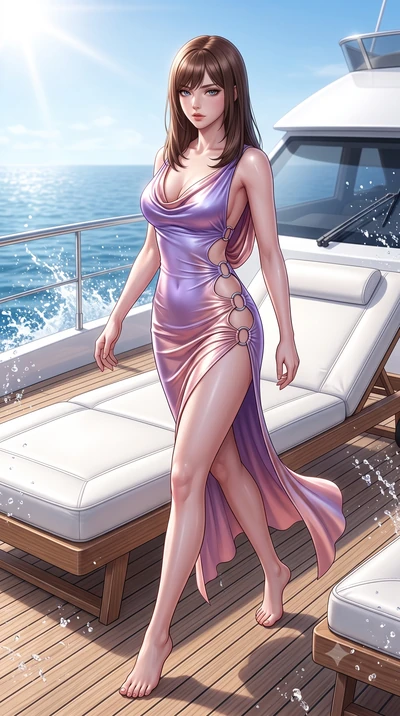 score_9, masterpiece, best quality, ultra-detailed, high-budget anime keyframe, semi-realistic 3D game render, editorial fashion photography, tasteful artistic composition, Korean woman. low angle full-body shot from head to toe showing her feet, fil