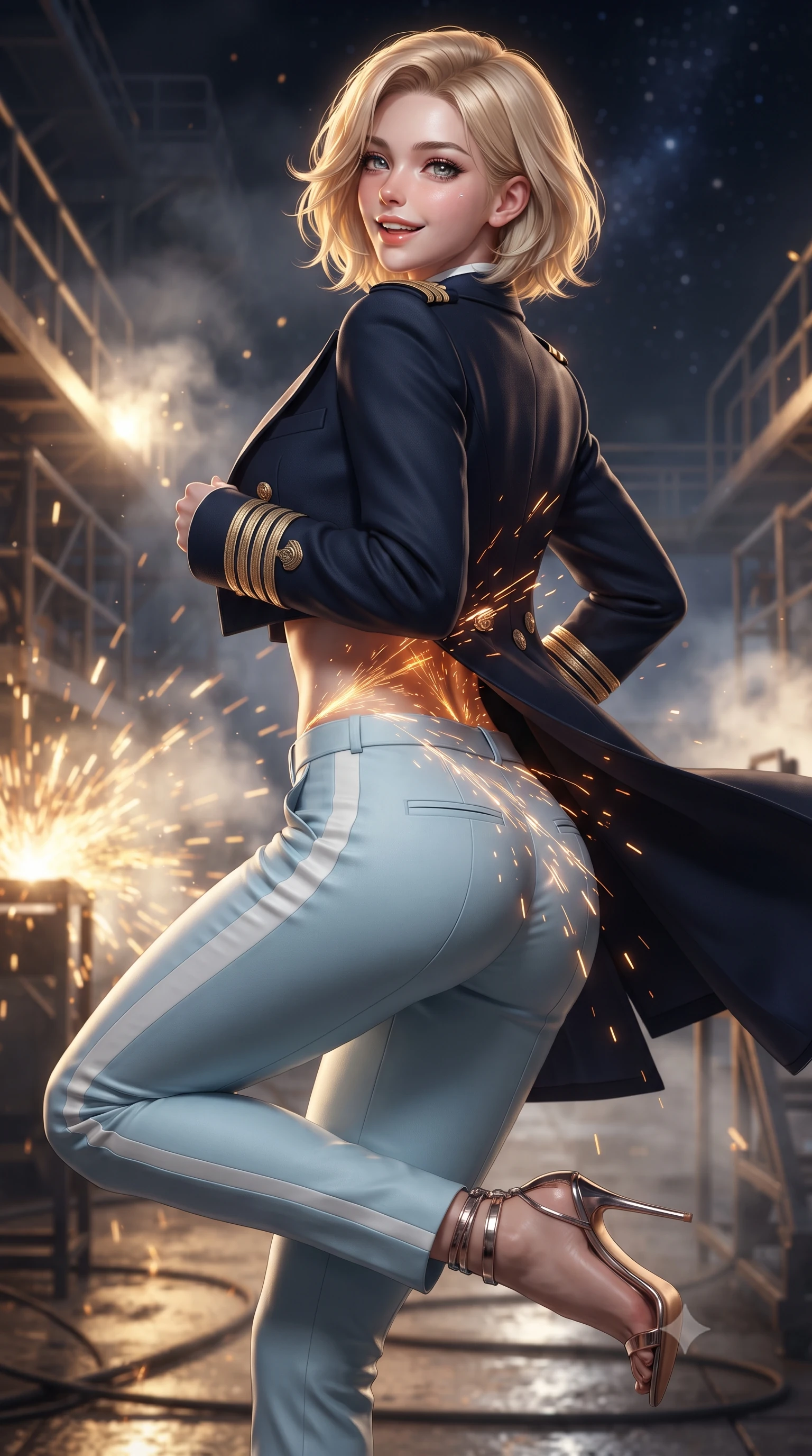 score_9, masterpiece, best quality, ultra-detailed, high-budget anime keyframe, editorial fashion photography, tasteful artistic composition, Caucasian woman. close-up cowboy shot from the waist and thighs up, the character dominates the composition, filling the frame with her large presence. posing in an alluring rear three-quarter angle, looking over a bare shoulder with parted glossy lips, her hips cocked back to highlight her slim hourglass curve while twisting her slender torso in an alluring contrapposto stance, cascades of welding sparks painting dynamic molten gold light ribbons across her narrow waist and hips. The background shows a soft-focus welding vapor haze softened in zero-gravity naval drydock shallow focus. She has an exceptionally elegant, slender, and willowy female figure with an ultra-slim waist, flat toned midriff, narrow ribcage, and sculpted feminine hips creating an alluring, slim hourglass silhouette without bulk. sharp v-shaped jawline, high-bridge nose, intricate jewel-like sparkling eyes with depth, thick eyelashes, glossy parted lips with a natural peach sheen, bright cheerful beaming smile with an enchanting and coquettish sensual glint, exuding both youthful cute charm and seductive allure, flawlessly proportioned anatomical accuracy, strict slender model proportions, natural body alignment, perfectly sculpted long slender limbs, ultra-slim waistline, clean dynamic posture without body distortion. wearing a tailored flight command officer coat in midnight navy with structured lapels, metallic rank braids, and tailored slim trousers in arctic cryo-glacier ice blue and platinum white, crafted from bespoke double-faced cashmere with an exceptionally soft tactile finish, complemented by strappy stiletto sandals with metallic ankle wraps accentuating her slender calves, the impeccably tailored cut draping gracefully along her slender figure with aristocratic poise. bathed in high-contrast golden welding arcs contrasted with deep obsidian shadow gradients and starlight. ultra-reflective glossy finish, specular highlights, rich textural contrasts, high-contrast stereoscopic depth, volumetric dynamic lighting, 2k, ultra detail, master piece, 9:16 ratio