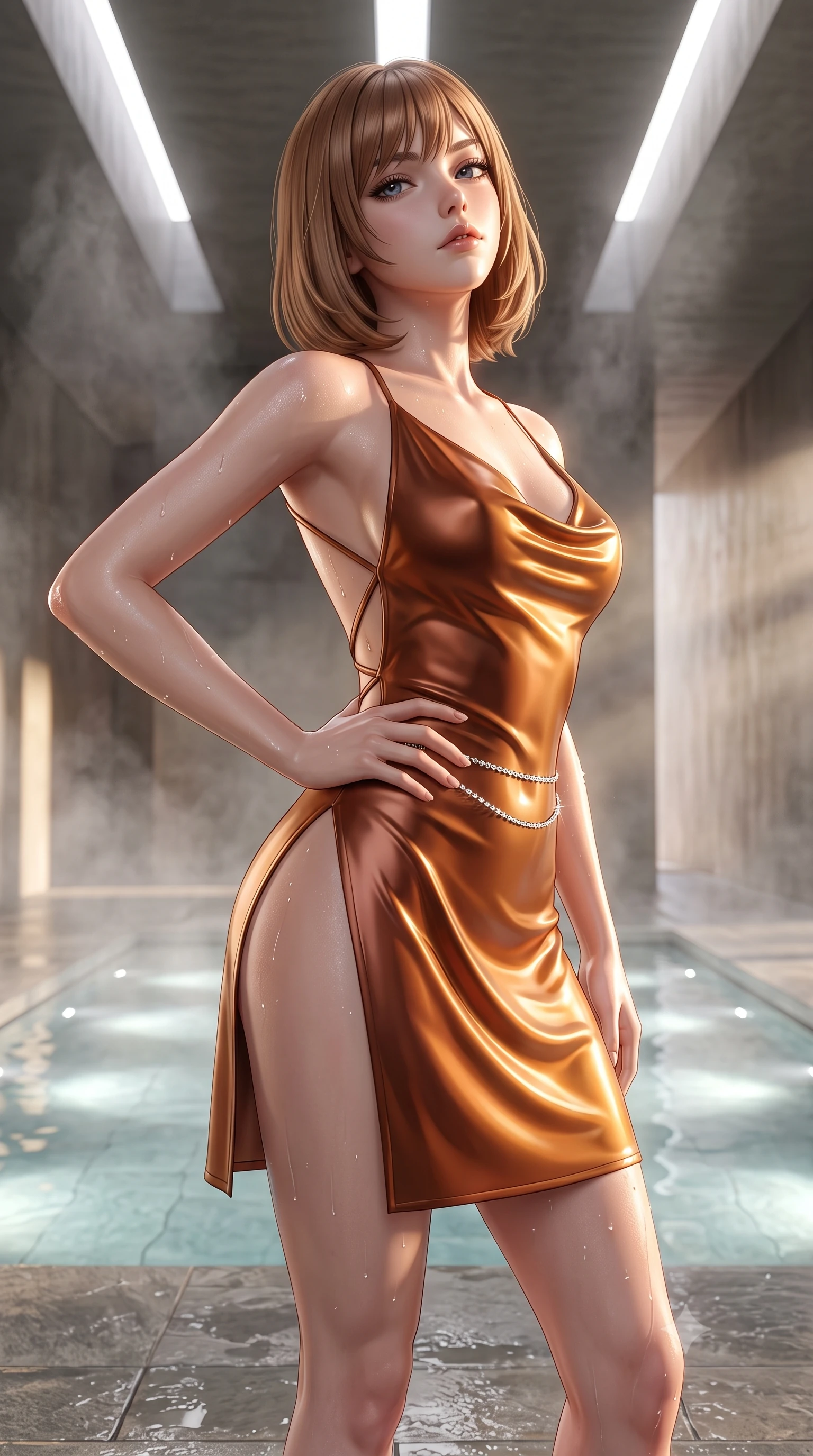score_9, masterpiece, best quality, ultra-detailed, high-budget anime keyframe, semi-realistic 3D game render, editorial fashion photography, tasteful artistic composition, Caucasian woman. close-up cowboy shot from the waist and thighs up, the character dominates the composition, filling the frame with her large presence. tilting her chin up with proud, sovereign allure while gazing through thick eyelashes, one hand resting on her waist in pure supermodel charisma while standing poised on the wet quartzite floor beside a narrow ceiling light slit, turning in an alluring silhouette as dramatic sunlight cuts through steam. The surrounding environment is rendered in vivid detail and crisp panoramic clarity. detailed swimwear or sheer wrap texture, glistening moisture droplets on skin, and Zumthor architectural lines in high resolution. She has an exceptionally elegant, slender, and willowy female figure with an ultra-slim waist, flat toned midriff, narrow ribcage, and sculpted feminine hips creating an alluring, slim hourglass silhouette without bulk. sharp v-shaped jawline, high-bridge nose, intricate jewel-like eyes with depth, thick eyelashes, glossy parted lips with a natural sheen, intensely captivating and seductive bedroom-eyes expression, flawlessly proportioned anatomical accuracy, strict slender model proportions, natural body alignment, perfectly sculpted long slender limbs, ultra-slim waistline, clean dynamic posture without body distortion. wearing a backless cowl-neck satin slip dress featuring high-cut side hip slits and delicate criss-cross back straps in rich copper bronze and warm amber, tailored from second-skin aerodynamic stretch vinyl with specular wet sheen, accented with a dainty diamond waist chain catching the ambient light reflections, the precision-cut side openings and low-back scoop framing her graceful spine and the sensual sweep of her slim, toned hips. illuminated by shimmering submerged pool lights softly contouring her razor-sharp jawline, narrow waist, and curvy hips. highly saturated vibrant anime colors, detailed shading with soft gradients, rich glossy textures, high-contrast stereoscopic depth, volumetric dynamic lighting, master piece, 9:16 ratio