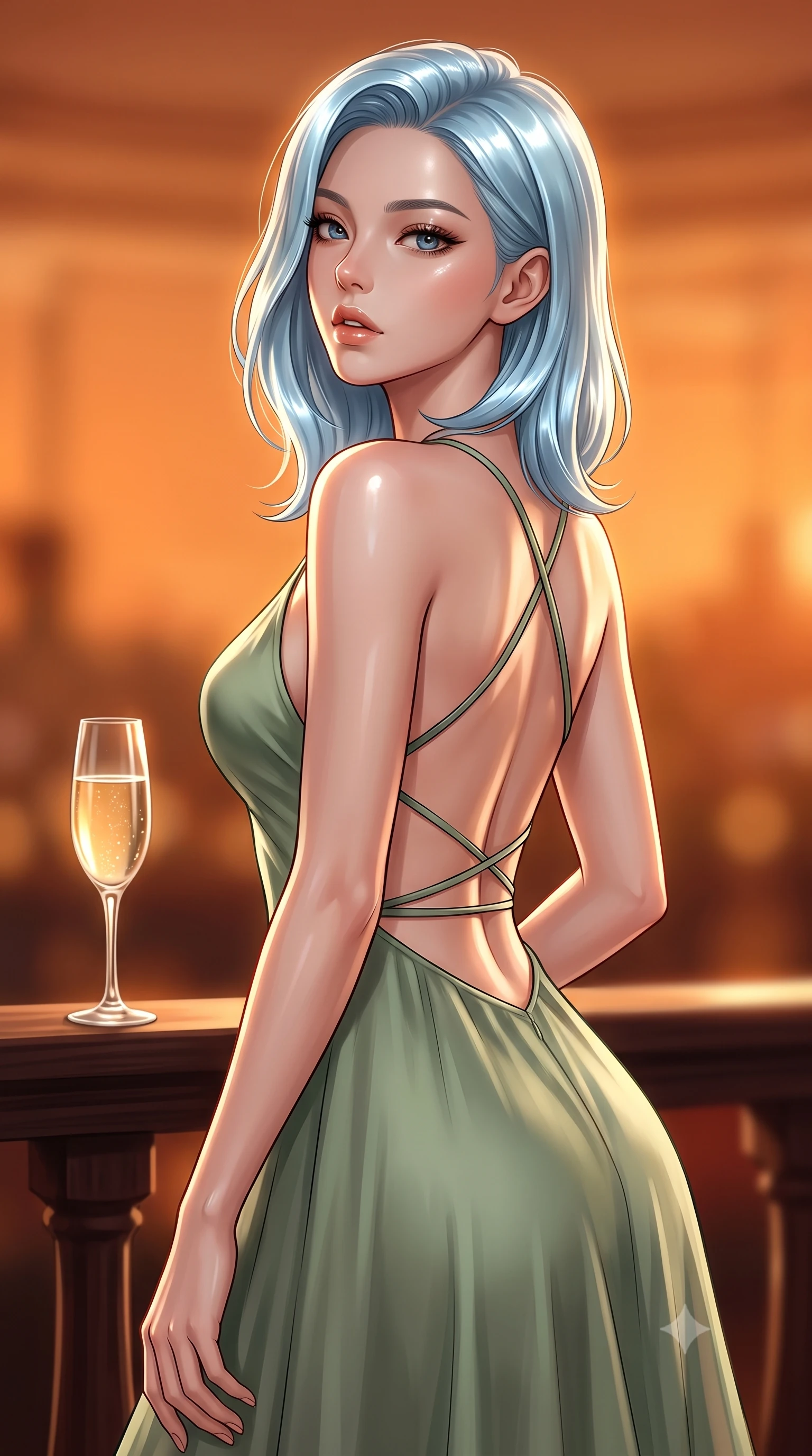 score_9, masterpiece, best quality, ultra-detailed, high-budget anime keyframe, editorial fashion photography, tasteful artistic composition, Korean woman. close-up cowboy shot from the waist and thighs up, the character dominates the composition, filling the frame with her large presence, background elements kept in soft focus. tilting her chin up slightly with lips parted in a composed, provocative expression the background shows a soft-focus an intimate opera balcony with a glass of champagne on the wooden railing. She has an exceptionally elegant, slender, and willowy female figure with an ultra-slim waist, a gracefully sculpted slender torso, and a refined silhouette. sharp v-shaped jawline, high-bridge nose, intricate jewel-like eyes with depth, thick eyelashes, glossy lips with a natural sheen. wearing a tailored lightweight silk sundress in sage green with a dramatic open-back and thin criss-cross straps. warm sunset light casting a peaceful, cozy orange wash on her figure. ultra-reflective glossy finish, specular highlights, metallic sheen, high-contrast stereoscopic depth, volumetric dynamic lighting, 2k, ultra detail, master piece, 9:16 ratio