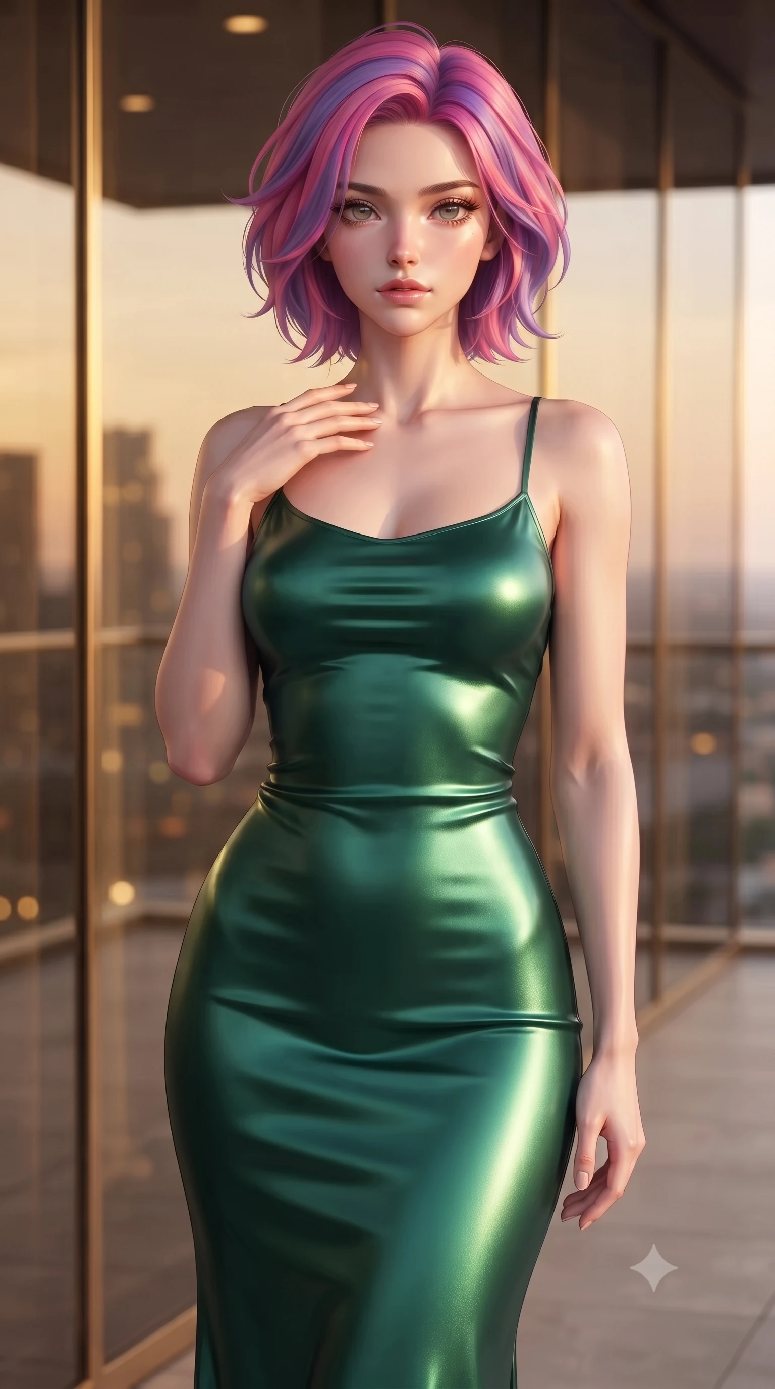 score_9, masterpiece, best quality, ultra-detailed, high-budget anime keyframe, editorial fashion photography, tasteful artistic composition, Caucasian woman. close-up cowboy shot from the waist and thighs up, the character dominates the composition, filling the frame with her large presence, background elements kept in soft focus. standing with one hand resting on her collarbone, looking at the viewer with bedroom-eyes the background shows a soft-focus a luxury hotel penthouse balcony with gold glass panels showing city lights. She has an exceptionally elegant, slender, and willowy female figure with an ultra-slim waist, a gracefully sculpted slender torso, and a refined silhouette. sharp v-shaped jawline, high-bridge nose, intricate jewel-like eyes with depth, thick eyelashes, glossy lips with a natural sheen. wearing a slim-fit form-contouring emerald green silk slip dress that hugs her slender waist and hips. soft golden hour sunset glow painting the room in a romantic wash. ultra-reflective glossy finish, specular highlights, metallic sheen, high-contrast stereoscopic depth, volumetric dynamic lighting, 2k, ultra detail, master piece, 9:16 ratio