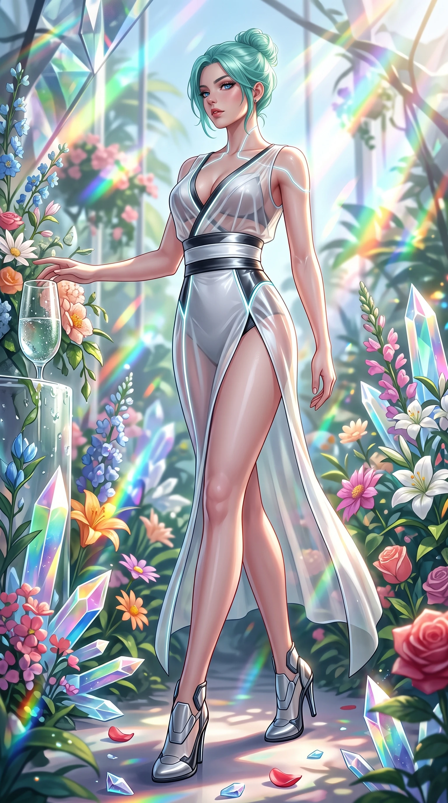 score_9, masterpiece, best quality, ultra-detailed, high-budget anime keyframe, semi-realistic 3D game render, editorial fashion photography, tasteful artistic composition, Japanese woman. low angle full-body shot from head to toe showing her feet, filling the entire 9:16 vertical frame with her statuesque presence, stretching her vertical silhouette. striding forward in a proud, statuesque motion with a dangerous smolder, her vertical silhouette dominating the frame from head to toe while reaching one arm out to touch a dewy glass blossom while looking over her shoulder with seductive poise. The surrounding environment is rendered in vivid detail and crisp panoramic clarity. vibrant natural and crystalline flower textures captured with environmental sharpness. She has an absolutely perfect, statuesque 8.5-heads proportion, an exceptionally tall and slender model-like female figure with impossibly long slender legs, a toned flat midriff, and an ultra-slim waist. sharp v-shaped jawline, high-bridge nose, intricate jewel-like eyes with depth, thick eyelashes, glossy lips with a natural sheen, flawlessly proportioned anatomical accuracy, strict slender model proportions, natural body alignment, perfectly sculpted long slender limbs, ultra-slim waistline, clean dynamic posture without body distortion. wearing a shortened cyber-fusion wrap top with transparent chiffon panels, a deep crossover neckline, and a high-waisted metallic sash that accentuates her ultra-slim waist in high-gloss monochrome white and sharp black contrast, tailored from semi-translucent cybernetic vinyl with glowing micro-filaments, accented with glowing fiber-optic seams tracing her collarbones and hip curves, the sleek second-skin cut tightly hugging her graceful clavicle, narrow waist, and feminine curves with athletic precision. bathed in brilliant morning sunlight intersected by saturated rainbow crystal prism refractions. highly saturated vibrant anime colors, detailed shading with soft gradients, rich glossy textures, high-contrast stereoscopic depth, volumetric dynamic lighting, master piece, 9:16 ratio