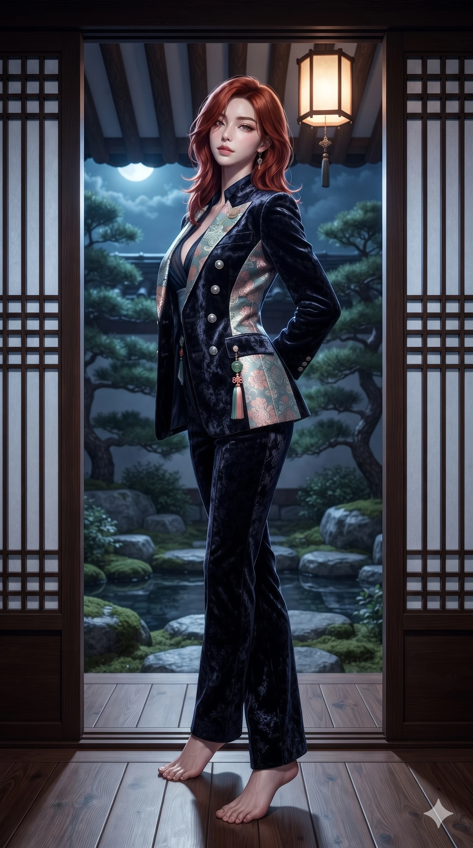 score_9, masterpiece, best quality, ultra-detailed, high-budget anime keyframe, editorial fashion photography, tasteful artistic composition, Korean woman. low angle full-body shot from head to toe showing her feet, filling the entire 9:16 vertical frame with her statuesque presence, stretching her vertical silhouette. executing a slow, graceful pivot turn as her silk wrap skirt sways around her slender legs, glancing back with an enchanting, teasing sensual expression while standing framed within the open sliding screen portal, arching her spine with sovereign siren grace as garden breezes caress her skin. The surrounding environment is rendered in vivid detail and crisp panoramic clarity: detailed deep V-neck sheer hanbok blouse tailoring, silk bandeau, and historic architectural framing in razor-sharp clarity. She has an absolutely perfect, statuesque 8.5-heads proportion, an exceptionally tall and slender model-like female figure with impossibly long slender legs, an ultra-slim waist, a flat toned midriff, narrow delicate ribcage, and beautifully sculpted feminine hips creating a graceful, slim hourglass silhouette without any bulky heaviness. sharp v-shaped jawline, high-bridge nose, sparkling eyes with hypnotic seductive depth, thick curled eyelashes, glossy parted lips with a natural dewy peach sheen, alluring bedroom-eyes with an enchanting coquettish smile, exuding magnetic siren charisma and sophisticated glamour, flawlessly proportioned anatomical accuracy, strict slender model proportions, natural body alignment, perfectly sculpted long slender limbs, ultra-slim waistline, clean dynamic posture without body distortion. wearing a tailored double-breasted silk brocade pantsuit with mandarin collar and mother-of-pearl dragon crest buttons in pastel peach blossom and celadon porcelain blue, tailored from crushed dark velvet with deep light-absorbing plush texture, finished with authentic carved jade pendants and traditional norigae knots, the bespoke structured tailoring following the natural line of her 8.5-heads silhouette with refined elegance. bathed in dual lighting: cool silver moonlight from the exterior garden contrasting with warm 2700K lantern glow from within. ultra-reflective glossy finish, specular highlights, rich textural contrasts, high-contrast stereoscopic depth, volumetric dynamic lighting, 2k, ultra detail, master piece, 9:16 ratio