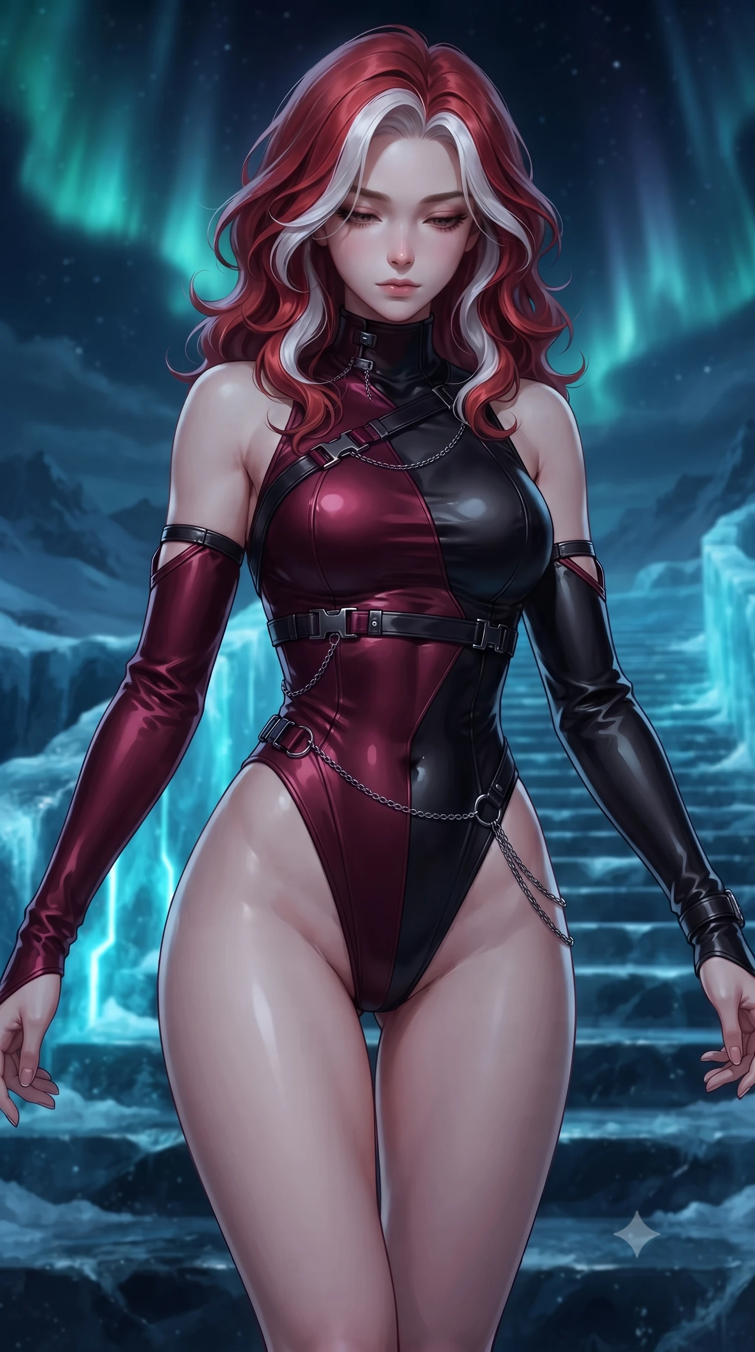 score_9, masterpiece, best quality, ultra-detailed, high-budget anime keyframe, editorial fashion photography, tasteful artistic composition, Caucasian woman. close-up cowboy shot from the waist and thighs up, the character dominates the composition, filling the frame with her large presence, background elements kept in soft focus. Looking down with lowered lashes and a composed, powerful dark aura, ascending a frozen black ice staircase under a dark polar sky, crystallized shadow frost framing her slender vertical silhouette. She has an exceptionally elegant, slender, and willowy female figure with an ultra-slim waist, a gracefully sculpted slender torso, and a refined silhouette. sharp v-shaped jawline, high-bridge nose, intricate jewel-like eyes with depth, thick eyelashes, glossy lips with a natural sheen. wearing asymmetric high-cut cyber-bodysuit with detached sleeves in onyx black in deep crimson burgundy, made of liquid dark mercury jersey, framed by dark titanium buckles and silver chain details, highlighting her statuesque proportions and ultra-slim waistline. illuminated by pulsing cyan electric circuit light piercing black glacier ice. highly saturated vibrant anime colors, detailed shading with soft gradients, rich glossy textures, high-contrast stereoscopic depth, volumetric dynamic lighting, master piece, 9:16 ratio