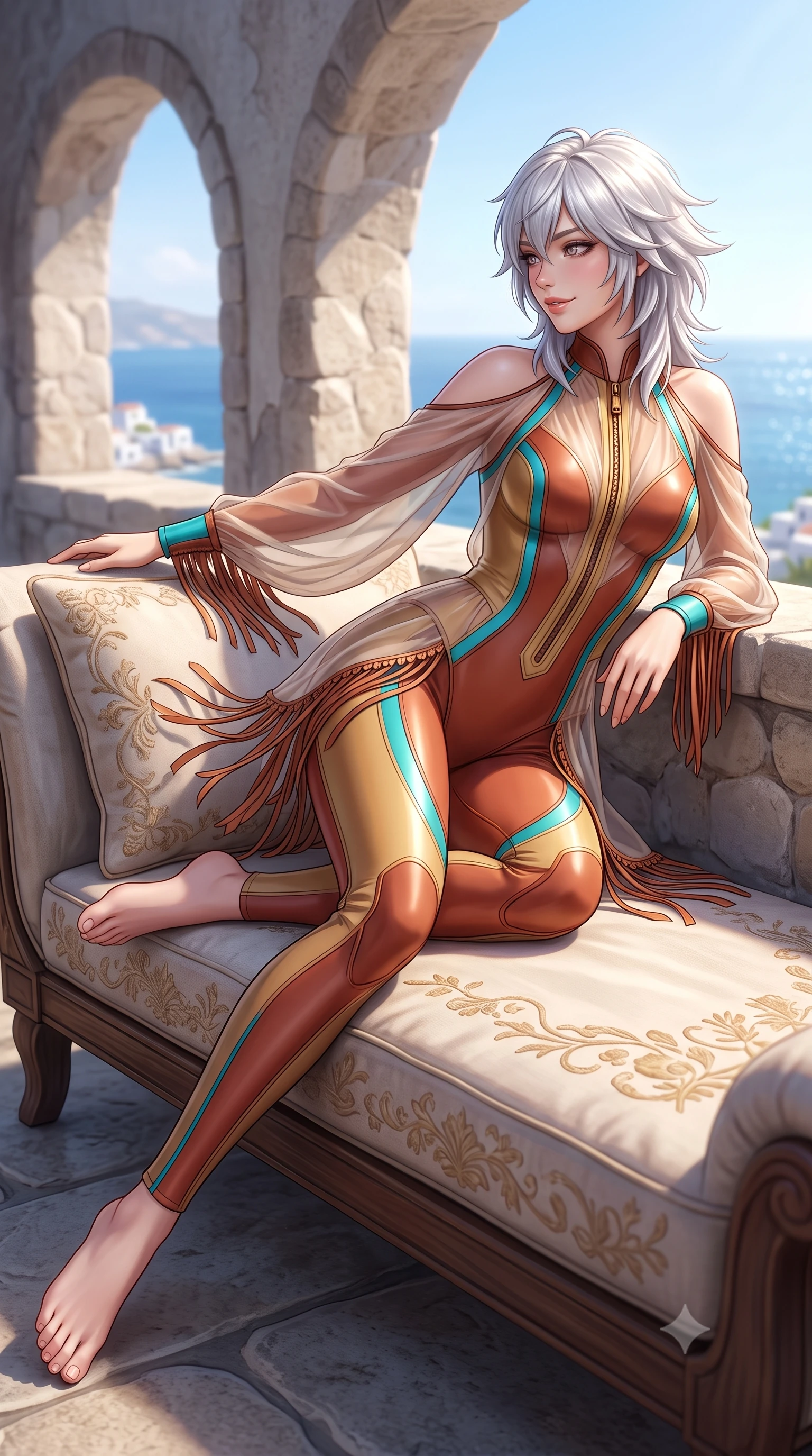 score_9, masterpiece, best quality, ultra-detailed, high-budget anime keyframe, semi-realistic 3D game render, editorial fashion photography, tasteful artistic composition, Japanese woman. low angle full-body shot from head to toe showing her feet, filling the entire 9:16 vertical frame with her statuesque presence, stretching her vertical silhouette. reclining gracefully across the plush chaise lounge with one leg extended, her sculpted silhouette and flat midriff radiating magnetic nocturnal glamour while leaning against the stone balustrade with hips cocked back, looking over a bare shoulder toward the glittering Aegean Sea. The background shows a soft-focus cycladic stone arches softened in idyllic Greek island shallow focus. She has an absolutely perfect, statuesque 8.5-heads proportion, an exceptionally tall and slender model-like female figure with impossibly long slender legs, an ultra-slim waist, a flat toned midriff, narrow delicate ribcage, and beautifully sculpted feminine hips creating a graceful, slim hourglass silhouette without any bulky heaviness. sharp v-shaped jawline, high-bridge nose, sparkling eyes with hypnotic seductive depth, thick curled eyelashes, glossy parted lips with a natural dewy peach sheen, alluring bedroom-eyes with an enchanting coquettish smile, exuding magnetic siren charisma and sophisticated glamour, flawlessly proportioned anatomical accuracy, strict slender model proportions, natural body alignment, perfectly sculpted long slender limbs, ultra-slim waistline, clean dynamic posture without body distortion. wearing a form-contouring wet-look neoprene zip-front surfing bodysuit with high-cut leg openings and racing side stripes in terracotta rust and desert sand gold with turquoise accents, made of sheer gossamer chiffon that drapes softly against skin with airy translucence, finished with a delicate leather fringe trim fluttering along her hip line with kinetic charm, the liquid-tight tailored fabric clinging flawlessly to her narrow waist and rounded feminine hips, emphasizing every millimeter of her sculpted slim hourglass curves without any bulky heaviness. bathed in brilliant Grecian afternoon sunlight bouncing off whitewashed stone surfaces. highly saturated vibrant anime colors, detailed shading with soft gradients, rich glossy textures, high-contrast stereoscopic depth, volumetric dynamic lighting, master piece, 9:16 ratio