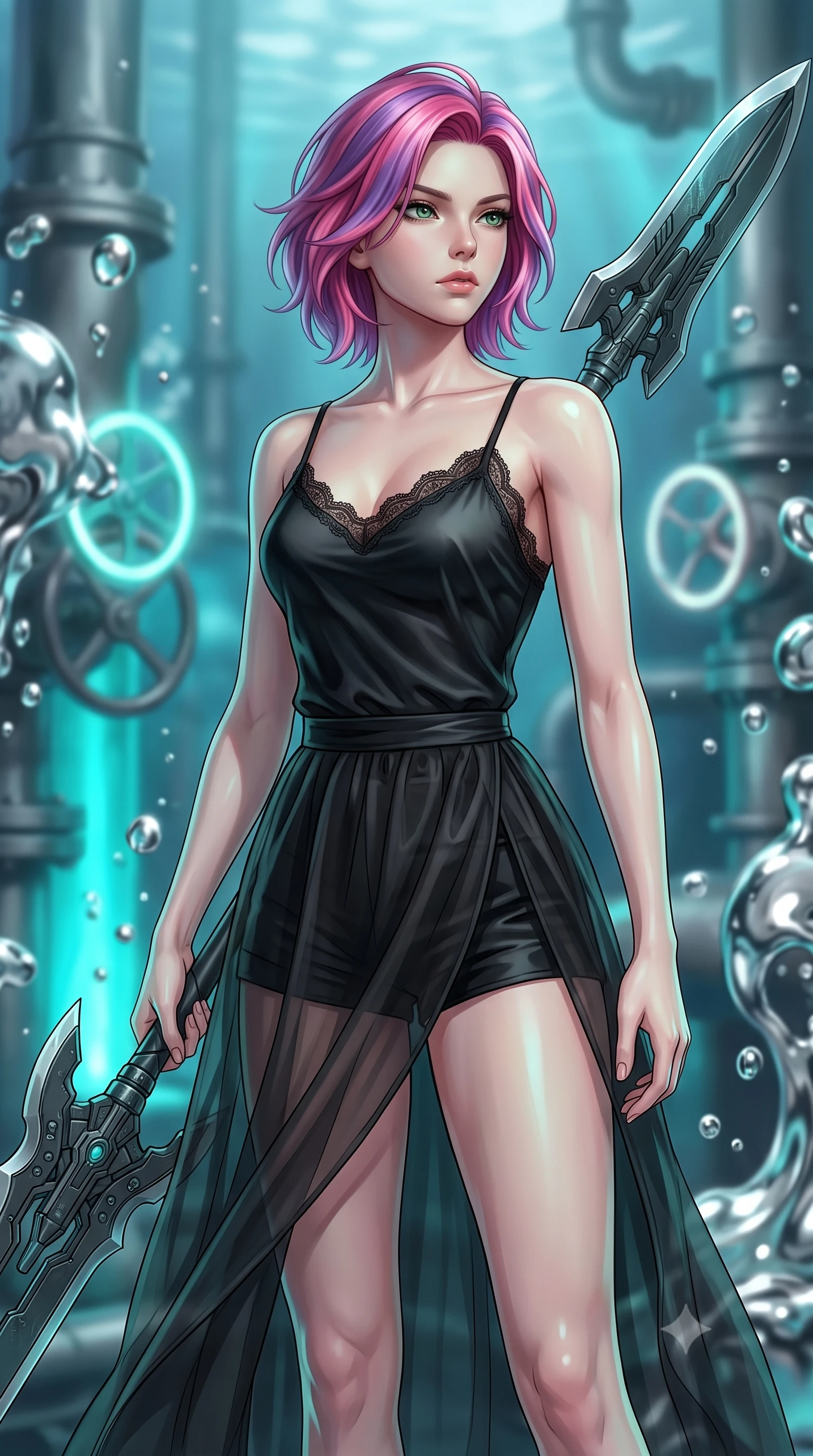 score_9, masterpiece, best quality, ultra-detailed, high-budget anime keyframe, editorial fashion photography, tasteful artistic composition, Caucasian woman. close-up cowboy shot from the waist and thighs up, the character dominates the composition, filling the frame with her large presence, background elements kept in soft focus. holding a deactivated nanotech glaive, looking past the camera with quiet, sharp focus and a composed expression, the background shows a soft-focus an undersea mercury well with bubbling chrome and glowing valve gates. She has an exceptionally elegant, slender, and willowy female figure with an ultra-slim waist, a gracefully sculpted slender torso, and a refined silhouette. sharp v-shaped jawline, high-bridge nose, intricate jewel-like eyes with depth, thick eyelashes, glossy lips with a natural sheen. wearing a form-contouring delicate lace-trim camisole in black silk, paired with a sheer organza wrap skirt and combat shorts. pulsing turquoise light from underwater geothermal vents casting dynamic shadows. highly saturated vibrant anime colors, detailed shading with soft gradients, rich glossy textures, high-contrast stereoscopic depth, volumetric dynamic lighting, master piece, 9:16 ratio