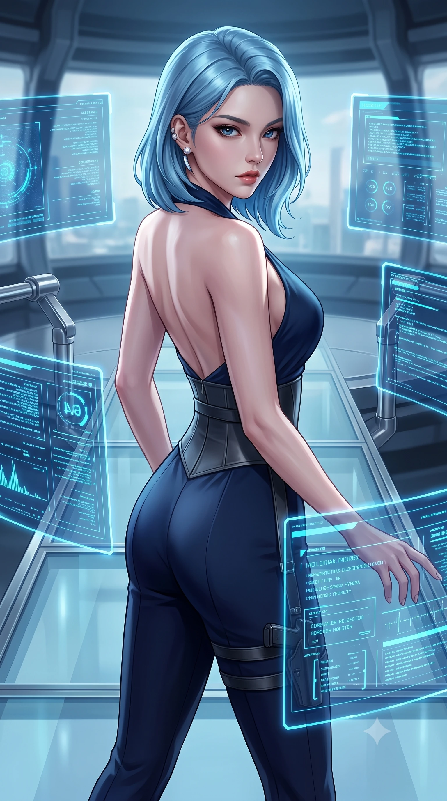 score_9, masterpiece, best quality, ultra-detailed, high-budget anime keyframe, semi-realistic 3D game render, editorial fashion photography, tasteful artistic composition, Korean woman. close-up cowboy shot from the waist and thighs up, the character dominates the composition, filling the frame with her large presence. radiating intense magnetic charisma with jewel-like eyes locked onto the viewer, her upper body turning in a dynamic, fluid S-curve while pivoting gracefully across the floating intelligence bridge as multiple floating holographic terminal screens surround her. The surrounding environment is rendered in vivid detail and crisp panoramic clarity. crystal-clear transparent glass floor panels, glowing holographic typography, and chrome furniture joints in deep focus. She has an exceptionally elegant, slender, and willowy female figure with an ultra-slim waist, a gracefully sculpted slender torso, toned flat midriff, and a refined slim silhouette. sharp v-shaped jawline, high-bridge nose, intricate jewel-like eyes with depth, thick eyelashes, glossy lips with a natural sheen, captivating and magnetic expression, flawlessly proportioned anatomical accuracy, strict slender model proportions, natural body alignment, perfectly sculpted long slender limbs, ultra-slim waistline, clean dynamic posture without body distortion. wearing a high-society undercover halter-neck jumpsuit with a tailored deep-V back and integrated tactical waist cincher in deep midnight blue and brushed gunmetal, tailored from fluid silk crepe with inner ballistic reinforcement, accessorized with a sleek concealed garter holster and pearl ear transmitter, the liquid-tight tailored fabric emphasizing every curve of her tall, slender model proportions and sculptured silhouette during dynamic movement. surrounded by a mastermind, elite, and dangerously seductive intelligence director aura. highly saturated vibrant anime colors, detailed shading with soft gradients, rich glossy textures, high-contrast stereoscopic depth, volumetric dynamic lighting, master piece, 9:16 ratio