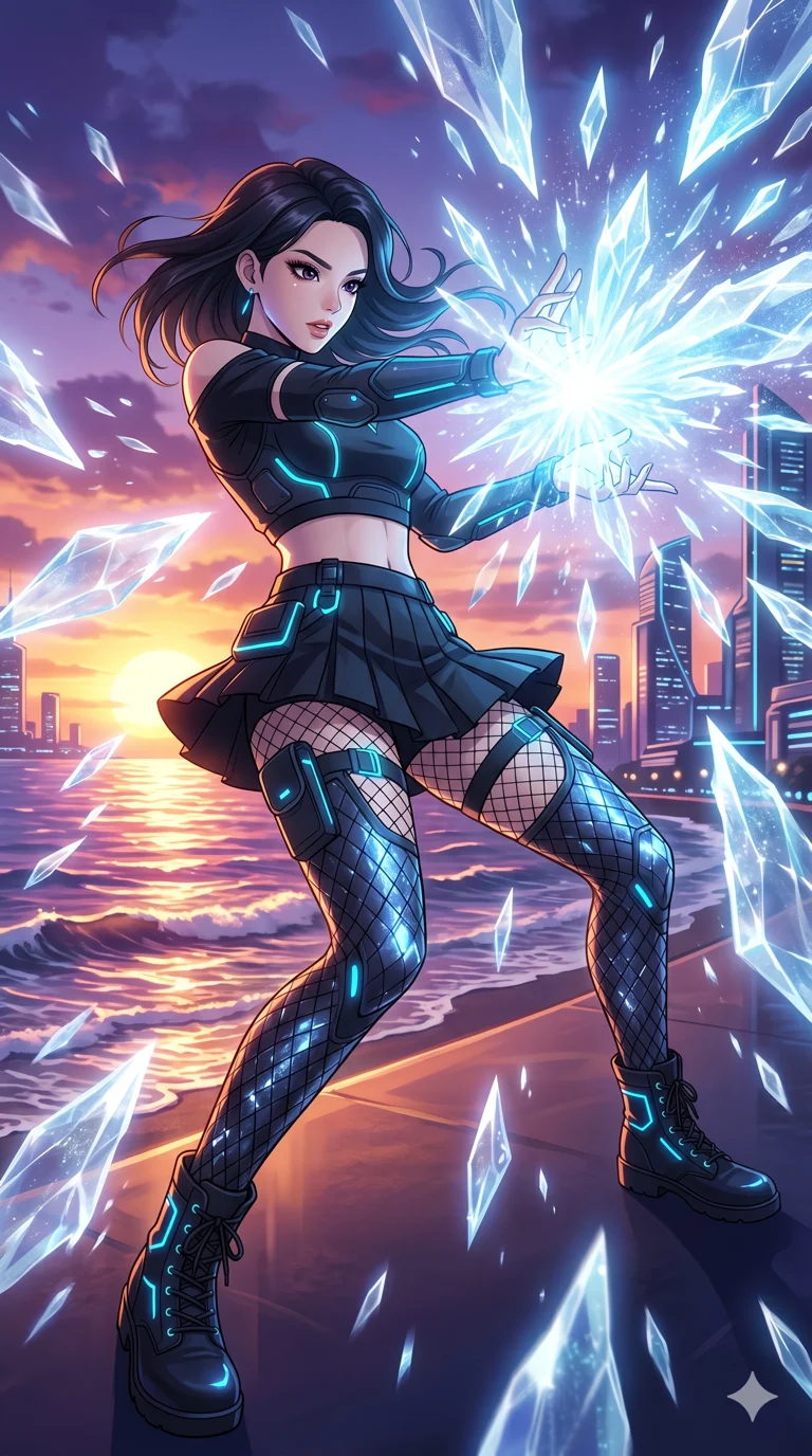 score_9, masterpiece, best quality, ultra-detailed, High-budget Anime Keyframe, vibrant colors, fluid line-art, expressive lighting, cinematic composition, Ufotable-style visual effects, top-tier animation quality, Korean woman with idol-like refined features. Cinematic low angle perspective showcasing her towering height and perfect 8-heads proportion. Casting a powerful ice spell that instantly turns the humid air into a storm of sharp, glittering ice crystals. She has an absolutely perfect 8-heads proportion, an exceptionally tall and slender female figure with impossibly long slender legs and an ultra-slim waist, her statuesque height and towering silhouette dominating the vertical 9:16 frame. Her face is a masterpiece featuring a sharp v-shaped jawline, high-bridge nose, intricate jewel-like eyes with depth, thick eyelashes, and glossy lips with a natural sheen. She is wearing a Off-shoulder crop top paired with micro-skirts and thigh-high fishnet stockings crafted from Obsidian-glass scales that shimmer with a dark, crystalline brilliance, with integrated neon-lit tactical gear and suggestive cutouts on the thighs. The scene is set in a vibrant sunset over a futuristic crystalline ocean with waves made of liquid light, illuminated by dynamic strobe effects that capture her movement in a series of sharp fragments. 2k, ultra detail, master piece, 9:16 ratio