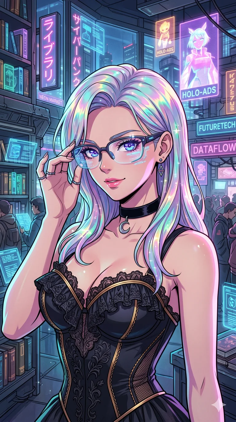 score_9, masterpiece, best quality, ultra-detailed, high-budget anime keyframe, vibrant colors and expressive line art, an incredibly beautiful Caucasian woman (strictly human ears). Medium shot of upper body focusing on her alluring and cute features and her iridescent opal-colored hair with shimmering rainbow highlights, filling the vertical 9:16 frame. She is adjusting her cute high-tech glasses in a futuristic library. She has a sharp v-shaped jawline, high-bridge nose, intricate jewel-like eyes, thick eyelashes, and glossy lips. She possesses an absolutely perfect 8-heads proportion and a slim-fit silhouette. She is wearing a velvet choker and a tight-fitting corset top with lace ruffles, highlighting her alluring silhouette. a busy cyberpunk marketplace with floating holographic advertisements, dramatic rim lighting, cinematic shadows, 2k, ultra detail, master piece, 9:16 ratio