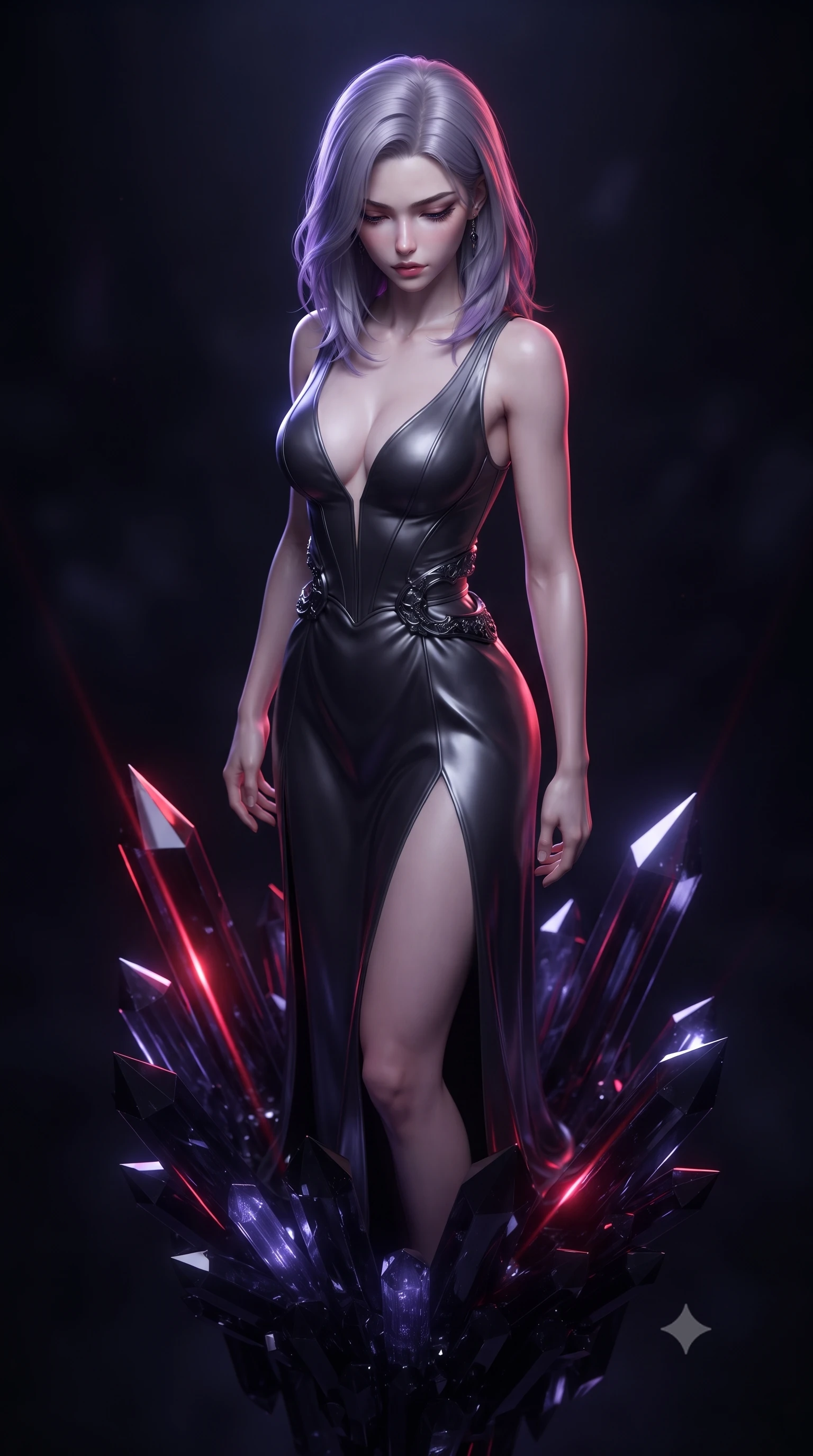 score_9, masterpiece, best quality, ultra-detailed, high-budget anime keyframe, editorial fashion photography, tasteful artistic composition, Caucasian woman. close-up cowboy shot from the waist and thighs up, the character dominates the composition, filling the frame with her large presence, background elements kept in soft focus. Looking down with lowered lashes and a composed, powerful dark aura, standing atop a floating black crystal pedestal over an abyssal void, dark crystal facets refracting razor-sharp crimson specular light. She has an exceptionally elegant, slender, and willowy female figure with an ultra-slim waist, a gracefully sculpted slender torso, and a refined silhouette. sharp v-shaped jawline, high-bridge nose, intricate jewel-like eyes with depth, thick eyelashes, glossy lips with a natural sheen. wearing low-cut gothic structured bodice gown with high leg slit in dark charcoal gray, made of soft dark satin, accented with sculpted obsidian chrome rings at the waist, highlighting her statuesque proportions and ultra-slim waistline. illuminated by bioluminescent dark violet crystal glow piercing deep abyssal shadows. ultra-reflective glossy finish, specular highlights, metallic sheen, high-contrast stereoscopic depth, volumetric dynamic lighting, 2k, ultra detail, master piece, 9:16 ratio