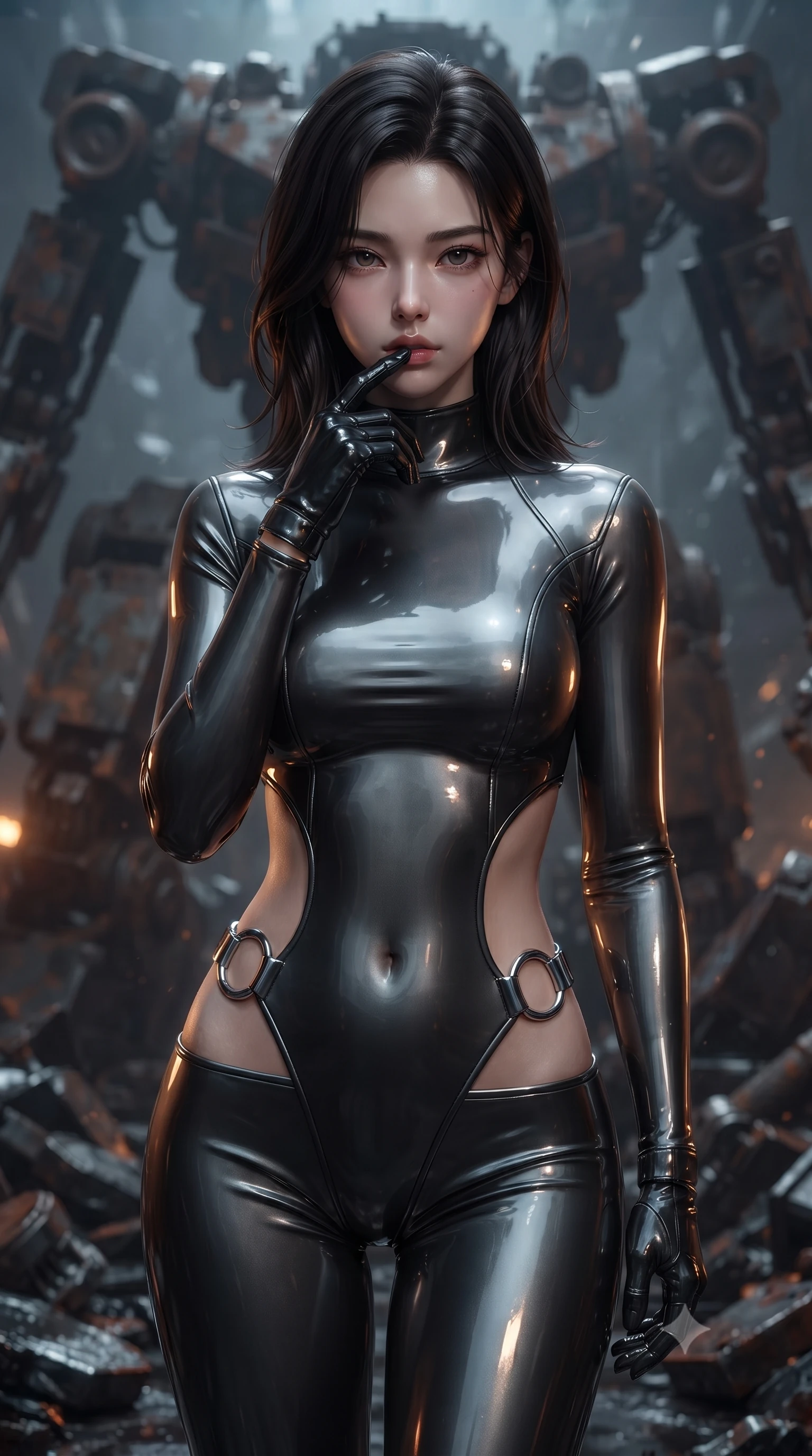 score_9, masterpiece, best quality, ultra-detailed, high-budget anime keyframe, editorial fashion photography, tasteful artistic composition, Korean woman. close-up cowboy shot from the waist and thighs up, the character dominates the composition, filling the frame with her large presence, background elements kept in soft focus. pressing one finger to her bottom lip in a thoughtful, composed gesture, locking eyes with the viewer, the background shows a soft-focus a graveyard of rusted mech skeletons with massive exposed steel frames. She has an exceptionally elegant, slender, and willowy female figure with an ultra-slim waist, a gracefully sculpted slender torso, and a refined silhouette. sharp v-shaped jawline, high-bridge nose, intricate jewel-like eyes with depth, thick eyelashes, glossy lips with a natural sheen. wearing a form-contouring light carbon-plate combat bodysuit featuring dramatic geometric open-waist cutouts framed by chrome ring hardware. flickering amber warning lights reflecting off wet scrap metal surfaces. ultra-reflective glossy finish, specular highlights, metallic sheen, high-contrast stereoscopic depth, volumetric dynamic lighting, 2k, ultra detail, master piece, 9:16 ratio