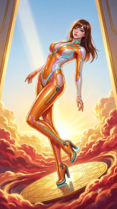 score_9, masterpiece, best quality, ultra-detailed, high-budget anime keyframe, semi-realistic 3D game render, editorial fashion photography, tasteful artistic composition, Korean woman. low angle full-body shot from head to toe showing her feet, fil
