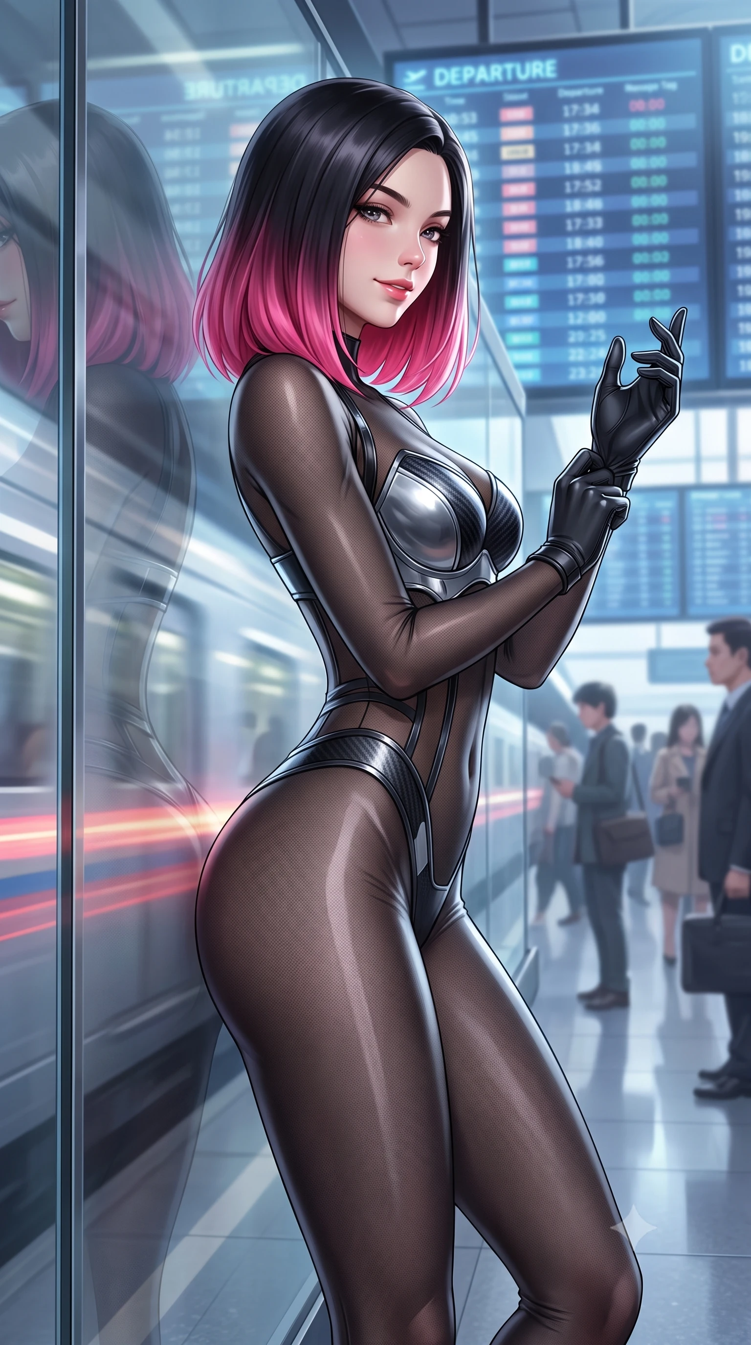 score_9, masterpiece, best quality, ultra-detailed, high-budget anime keyframe, semi-realistic 3D game render, editorial fashion photography, tasteful artistic composition, Korean woman. close-up cowboy shot from the waist and thighs up, the character dominates the composition, filling the frame with her large presence. adjusting her tactical glove with cool confidence, her bright smile capturing fresh girlhood charm while her arched torso reveals an intoxicating hip contour while leaning against the frameless glass passenger barrier with hips cocked back, looking over her shoulder with an intoxicating, cosmopolitan half-smile. The background shows a soft-focus towering holographic departure boards and bustling commuters softened in futuristic metropolitan shallow focus. She has an exceptionally elegant, slender, and willowy female figure with an ultra-slim waist, flat toned midriff, narrow ribcage, and sculpted feminine hips creating an alluring, slim hourglass silhouette without bulk. sharp v-shaped jawline, high-bridge nose, intricate jewel-like sparkling eyes with depth, thick eyelashes, glossy parted lips with a natural sheen, bright confident smile with an enchanting and coquettish sensual glint, exuding both youthful magnetic charm and sovereign high-tech allure, flawlessly proportioned anatomical accuracy, strict slender model proportions, natural body alignment, perfectly sculpted long slender limbs, ultra-slim waistline, clean dynamic posture without body distortion. wearing a semi-translucent smoke-black mesh tactical catsuit with reinforced carbon-fiber bustier plating in liquid chrome silver and pitch black, crafted from sheer technical cyber-lace reinforced with ultra-thin Kevlar threads, finished with delicate carbon-fiber boning framing the narrow waistline, the high-waisted tailoring accentuating her ultra-slim waistline and the enchanting curve of her feminine hips with alluring dark charm. illuminated by passing train light streaks and sharp platinum rim lights defining her sculpted collarbones, ultra-slim waist, and curvy hips. highly saturated vibrant anime colors, detailed shading with soft gradients, rich glossy textures, high-contrast stereoscopic depth, volumetric dynamic lighting, master piece, 9:16 ratio