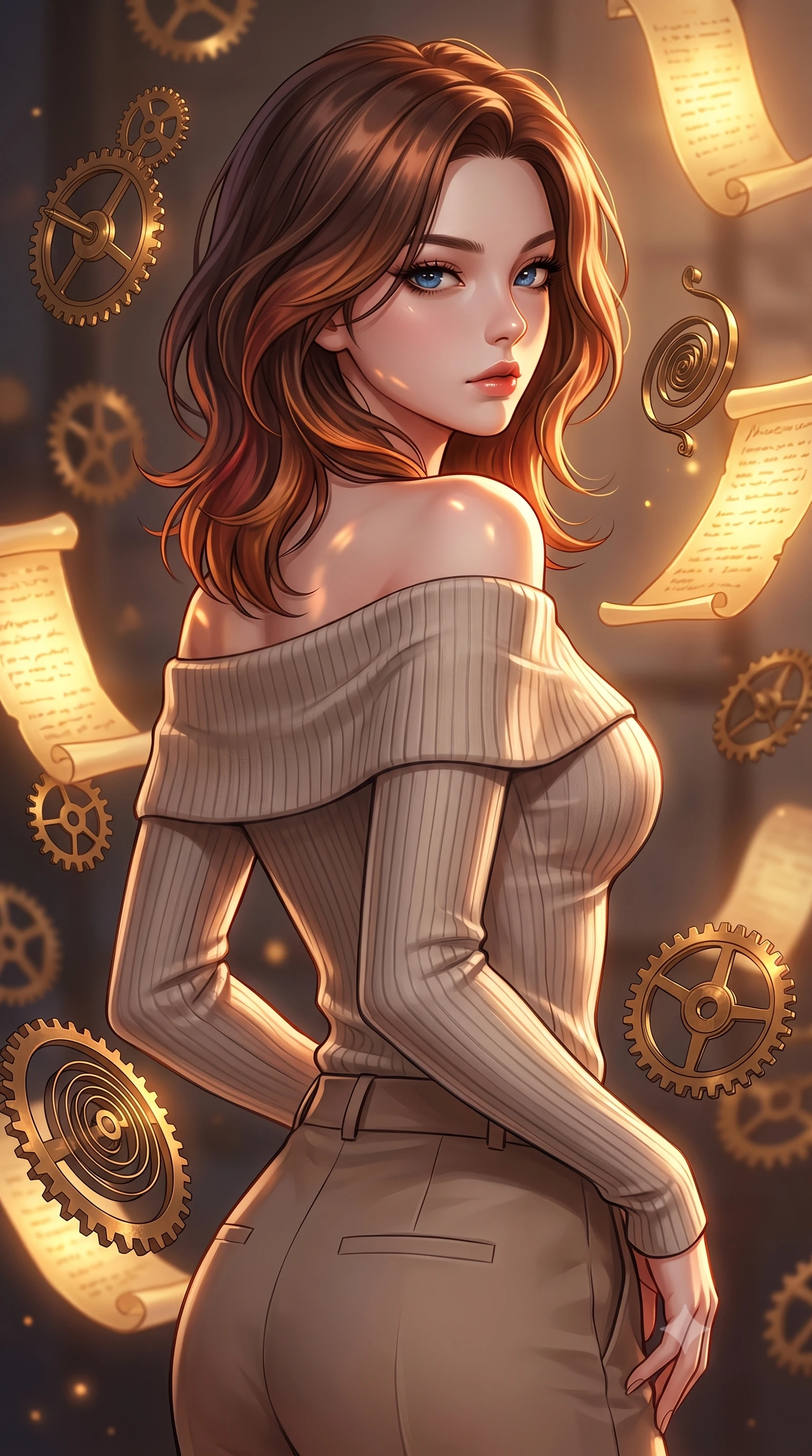 score_9, masterpiece, best quality, ultra-detailed, high-budget anime keyframe, editorial fashion photography, tasteful artistic composition, Korean woman. close-up cowboy shot from the waist and thighs up, the character dominates the composition, filling the frame with her large presence, background elements kept in soft focus. Glancing sidelong over her shoulder with a smoldering half-smile and heavy lashes surrounded by floating antique brass gears and glowing golden parchment scrolls, floating brass gears and clocksprings casting intricate metallic reflections. She has an exceptionally elegant, slender, and willowy female figure with an ultra-slim waist, a gracefully sculpted slender torso, and a refined silhouette. sharp v-shaped jawline, high-bridge nose, intricate jewel-like eyes with depth, thick eyelashes, glossy lips with a natural sheen. wearing a sleek off-shoulder ribbed cashmere knit top paired with high-waist tailored pants, the elegant draped fit framing her graceful clavicle and slender torso. bathed in warm twilight amber backlighting and rich metallic specular glow. highly saturated vibrant anime colors, detailed shading with soft gradients, rich glossy textures, high-contrast stereoscopic depth, volumetric dynamic lighting, master piece, 9:16 ratio