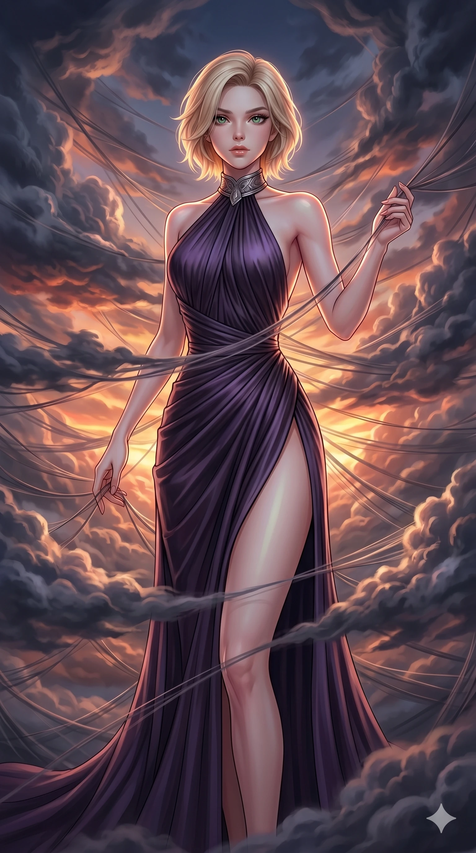 score_9, masterpiece, best quality, ultra-detailed, high-budget anime keyframe, Caucasian woman, strictly human ears. upper body close-up from the thighs up, character filling the screen for maximum presence. threading through a volumetric cloud weave where storm clouds are spun like silk thread under a dramatic sunset glow. She has an absolutely perfect 8-heads proportion, an exceptionally tall and slender female figure with impossibly long slender legs and an ultra-slim waist. V-shaped jawline, high-bridge nose, intricate jewel-like eyes with depth, thick eyelashes, glossy lips with a natural sheen.. wearing a gothic liquid silk gown, featuring a deep purple liquid silk maxi gown draped around her, secured by a metallic choker collar, with a high side slit. enhanced by a luminous pastel spectrum glow, casting elegant rim lights on her shoulders and jawline. 2k, ultra detail, master piece, 9:16 ratio