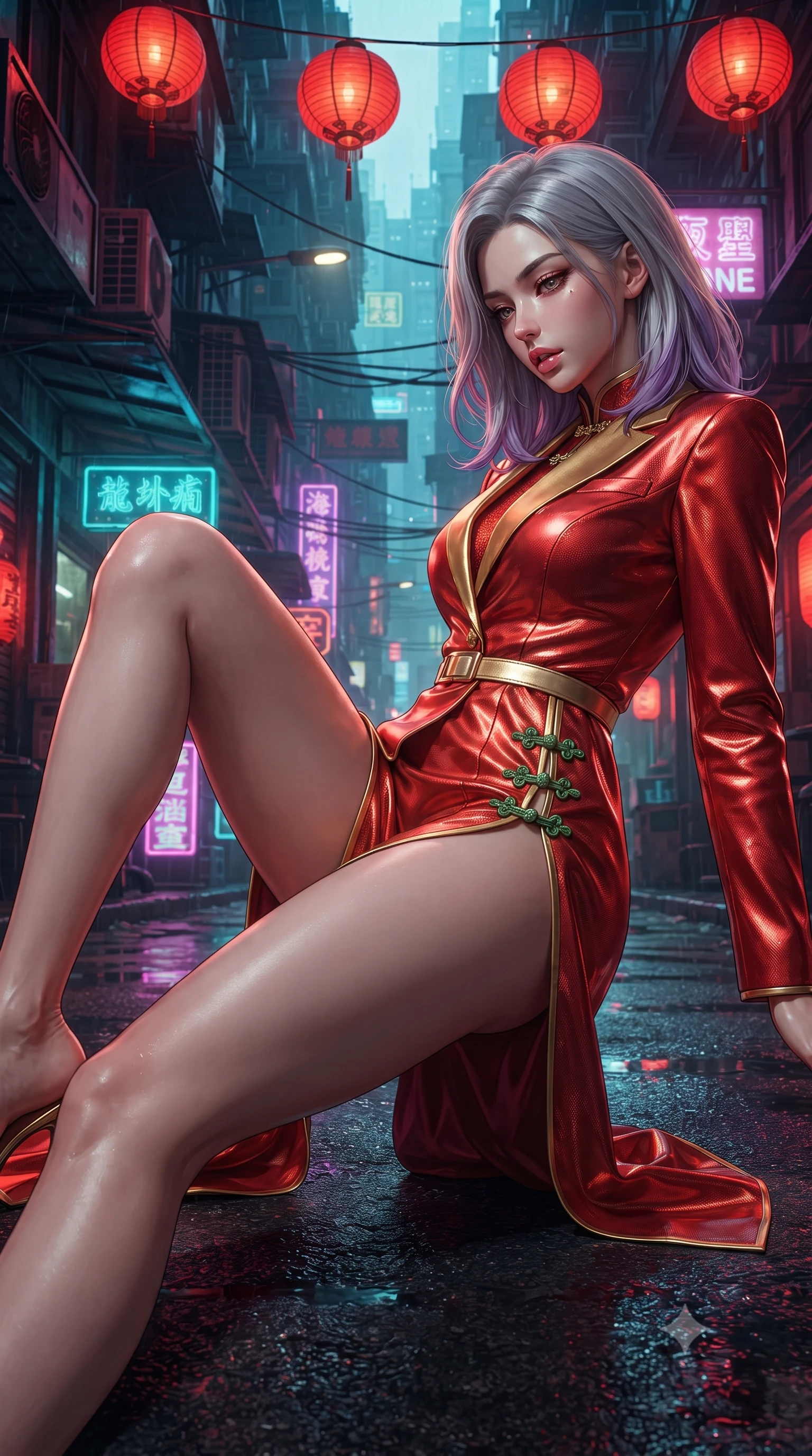 score_9, masterpiece, best quality, ultra-detailed, high-budget anime keyframe, editorial fashion photography, tasteful artistic composition, Caucasian woman. low angle full-body shot from head to toe showing her feet, filling the entire 9:16 vertical frame with her statuesque presence, stretching her vertical silhouette. reclining on her side in an elegant Cleopatra pose with one knee drawn up, the dramatic contour of her rounded hips and long slender legs commanding the 9:16 vertical frame while standing poised beneath hanging crimson paper lanterns, twisting her slender torso in an alluring S-curve while looking down at the neon-lit alley below. The surrounding environment is rendered in vivid detail and crisp panoramic clarity. intense Wong Kar-wai inspired neo-noir chiaroscuro and atmospheric cyberpunk metropolis aesthetics in precision. She has an absolutely perfect, statuesque 8.5-heads proportion, an exceptionally tall and slender model-like female figure with impossibly long slender legs, a toned flat midriff, an ultra-slim waist, and beautifully sculpted feminine hips. sharp v-shaped jawline, high-bridge nose, intricate jewel-like eyes with depth, thick eyelashes, glossy parted lips with a natural sheen, intensely captivating and seductive bedroom-eyes expression, flawlessly proportioned anatomical accuracy, strict slender model proportions, natural body alignment, perfectly sculpted long slender limbs, ultra-slim waistline, clean dynamic posture without body distortion. wearing a tailored satin tuxedo jacket dress with mandarin lapels and a slim gold-buckle belt in imperial vermilion red and liquid gold, made of breathable technical athletic mesh and liquid-finish track nylon, finished with an ultra-high side slit secured by miniature jade frog closures, the precision-cut side openings and low-back scoop framing her graceful spine and the sensual sweep of her hips. illuminated by wet specular asphalt bounce lights sharply sculpting her narrow waist and rounded hips. ultra-reflective glossy finish, specular highlights, rich textural contrasts, high-contrast stereoscopic depth, volumetric dynamic lighting, 2k, ultra detail, master piece, 9:16 ratio