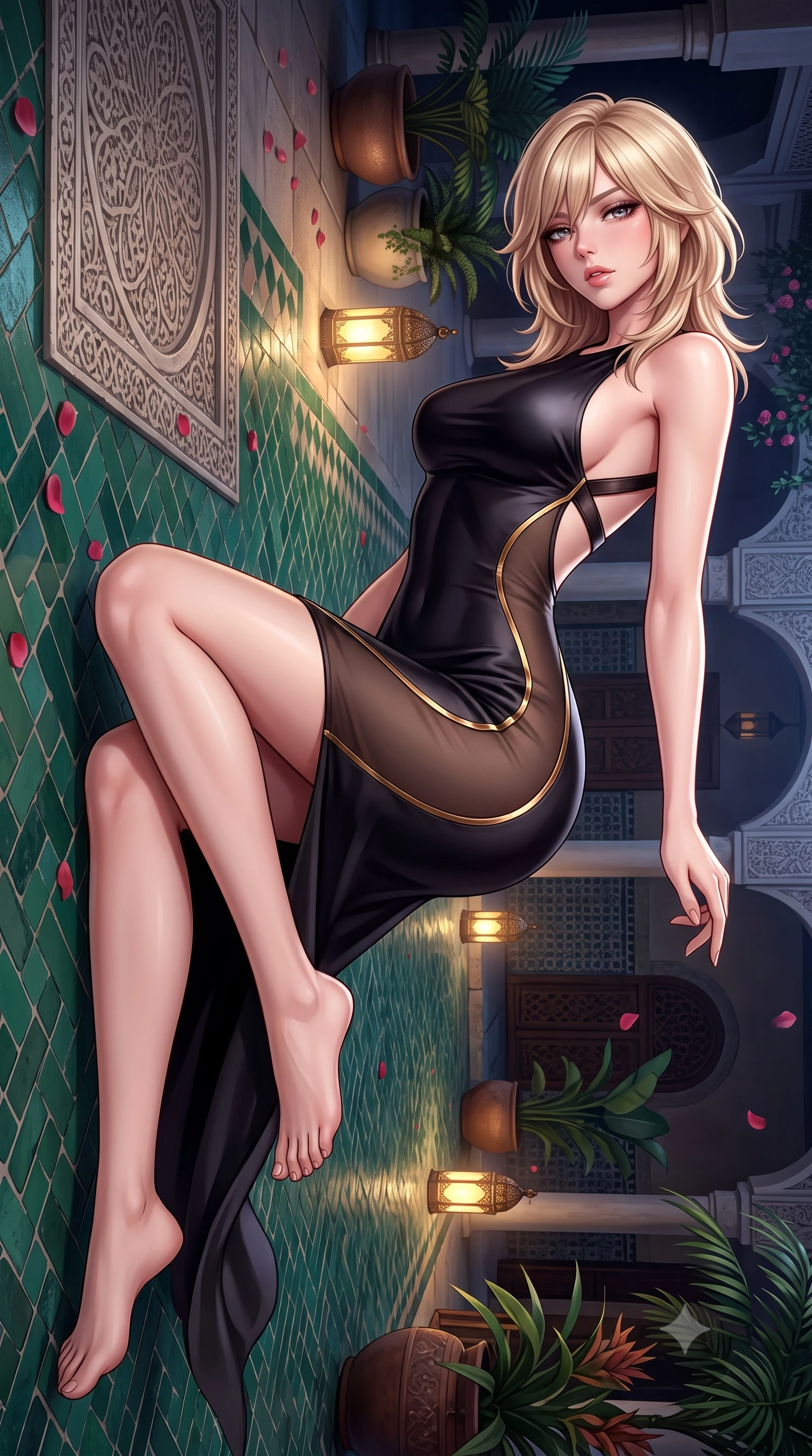 score_9, masterpiece, best quality, ultra-detailed, high-budget anime keyframe, semi-realistic 3D game render, editorial fashion photography, tasteful artistic composition, Japanese woman. low angle full-body shot from head to toe showing her feet, filling the entire 9:16 vertical frame with her statuesque presence, stretching her vertical silhouette. reclining on her side in an elegant Cleopatra pose with one knee drawn up, the dramatic contour of her rounded hips and long slender legs commanding the 9:16 vertical frame while standing poised on the emerald zellige tiled floor, twisting her slender torso in an alluring S-curve in the warm, fragrant desert night. The surrounding environment is rendered in vivid detail and crisp panoramic clarity. detailed silk caftan sheen, floating rose petal textures, and Moroccan architectural filigree in high resolution. She has an exceptionally tall and slender model-like 8.5-heads proportion, an ultra-slim waist, a flat toned midriff, narrow delicate ribcage, and beautifully sculpted feminine hips creating a graceful, slim hourglass silhouette without any bulky heaviness, with impossibly long slender legs. sharp v-shaped jawline, high-bridge nose, intricate jewel-like eyes with depth, thick eyelashes, glossy parted lips with a natural sheen, intensely captivating and seductive bedroom-eyes expression, flawlessly proportioned anatomical accuracy, strict slender model proportions, natural body alignment, perfectly sculpted long slender limbs, ultra-slim waistline, clean dynamic posture without body distortion. wearing a second-skin black silk jersey maxi dress with asymmetrical sheer mesh side panels tracing the full curve of her hip in dark espresso brown and molten gold foil, tailored from ultra-smooth duchess satin with a pearlescent sheen, featuring an open-back criss-cross harness strap in dark leather, the form-contouring material adhering flawlessly to her sculpted flat midriff and slender torso, emphasizing her long leg lines and perfectly proportioned willowy build. illuminated by soft ambient courtyard lanterns accentuating her sculpted collarbones, narrow waist, and curvy hips. highly saturated vibrant anime colors, detailed shading with soft gradients, rich glossy textures, high-contrast stereoscopic depth, volumetric dynamic lighting, master piece, 9:16 ratio