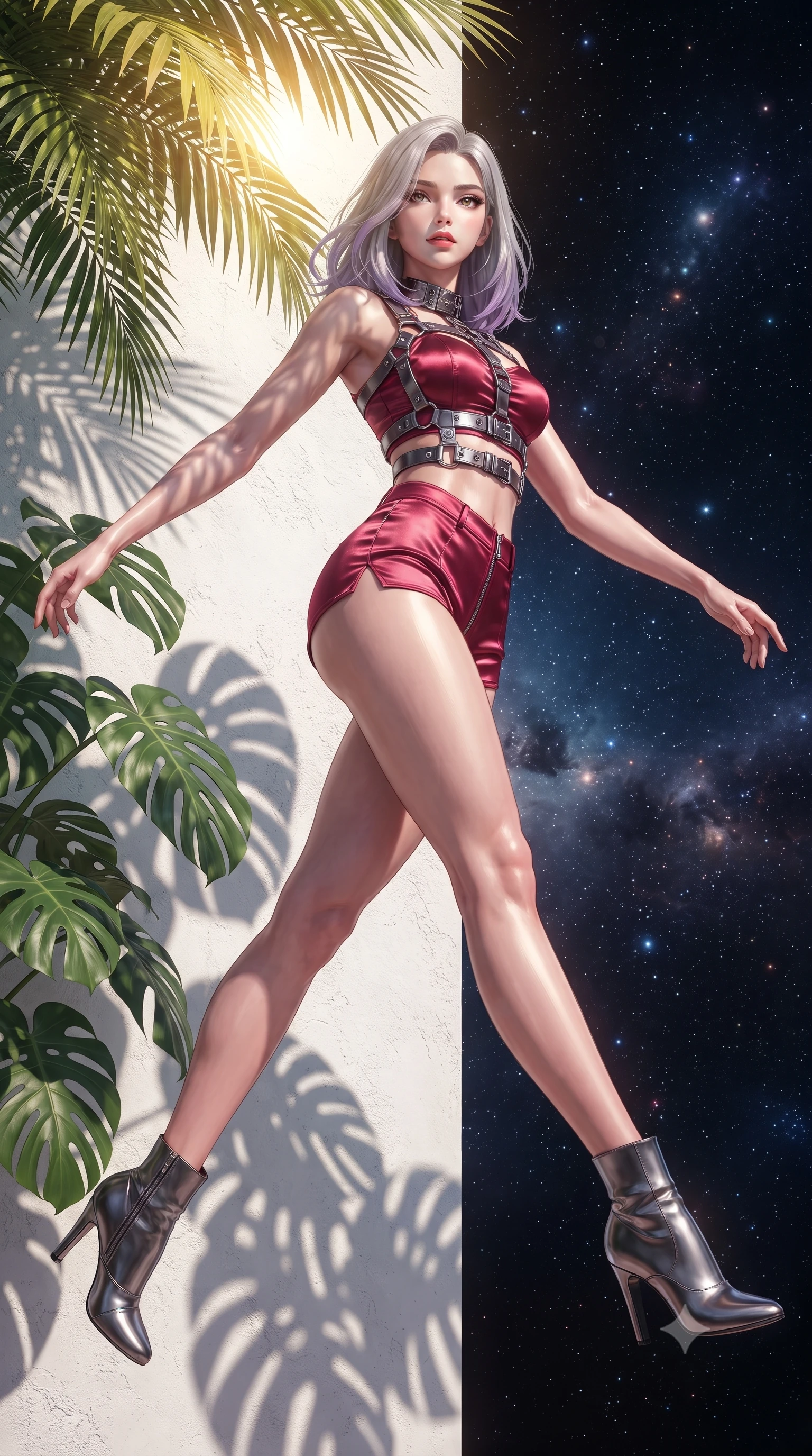 score_9, masterpiece, best quality, ultra-detailed, high-budget anime keyframe, editorial fashion photography, tasteful artistic composition, Caucasian woman. low angle full-body shot from head to toe showing her feet, filling the entire 9:16 vertical frame with her statuesque presence, stretching her vertical silhouette. leaping dynamically through the starry space, her posture full of power and elegance, resting against a white plaster wall wrapped in lush green monstera shadows, dewy natural skin finish with glossy lips and thick dark lashes. She has an absolutely perfect, statuesque 8.5-heads proportion, an exceptionally tall and slender model-like female figure with impossibly long slender legs and an ultra-slim waist. sharp v-shaped jawline, high-bridge nose, intricate jewel-like eyes with depth, thick eyelashes, glossy lips with a natural sheen. wearing high-cut micro-shorts and crop top set with dark leather harness in metallic dark silver, made of soft crimson satin, finished with metallic silver boning and sleek zipper points, contouring every curve with an exceptionally elegant silhouette. bathed in bright golden sunlight filtering through tropical palm fronds. highly saturated vibrant anime colors, detailed shading with soft gradients, rich glossy textures, high-contrast stereoscopic depth, volumetric dynamic lighting, master piece, 9:16 ratio