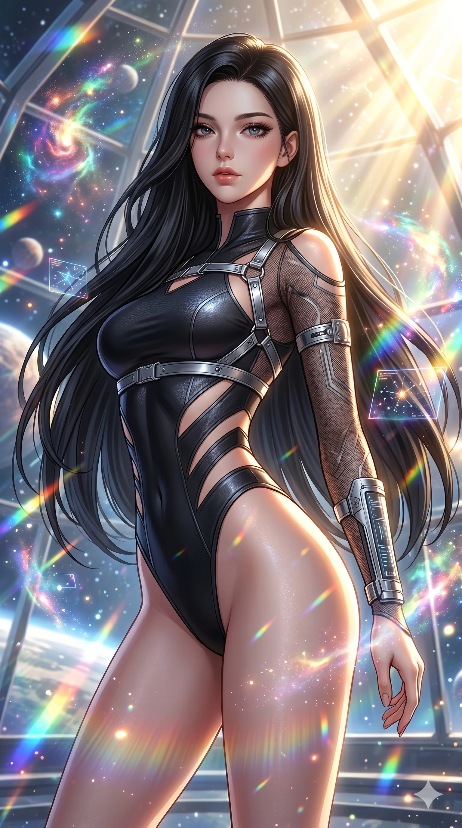 score_9, masterpiece, best quality, ultra-detailed, high-budget anime keyframe, semi-realistic 3D game render, Korean woman. Upper body close-up from the thighs up, character filling the screen for maximum presence. She is arching her back gracefully as glowing cosmic stardust and floating nebulae swirl around her inside a sunlit orbital conservatory. She looks toward the camera with a captivating, bedroom gaze. She has an absolutely perfect 8-heads proportion, an exceptionally tall and slender female figure with impossibly long slender legs and an ultra-slim waist. V-shaped jawline, high-bridge nose, intricate jewel-like eyes with depth, thick eyelashes, glossy lips with a natural sheen. She is wearing an ultra-sleek high-cut tech-bodysuit featuring dangerous diagonal slitted cutouts on the midriff and shoulders, reinforced by a metallic silver harness and sheer mesh sleeves. The scene is bathed in brilliant, high-contrast golden solar rays and refracting rainbow lens flares. 2k, ultra detail, master piece, 9:16 ratio