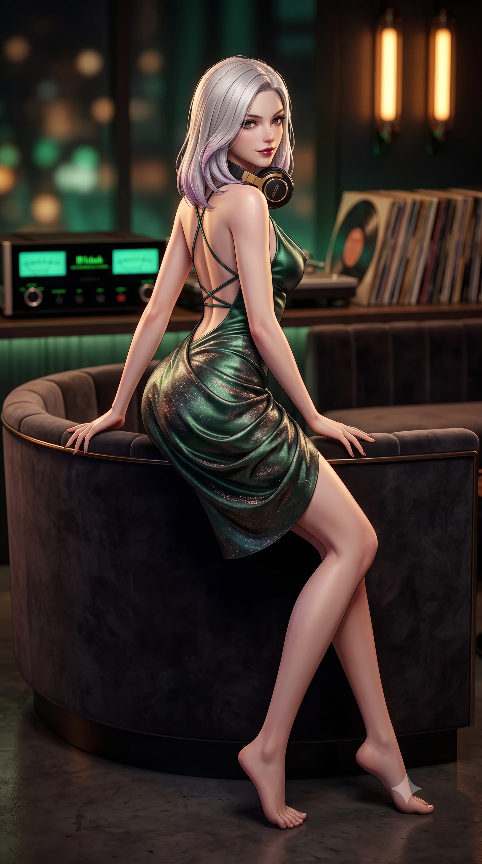 score_9, masterpiece, best quality, ultra-detailed, high-budget anime keyframe, semi-realistic 3D game render, editorial fashion photography, tasteful artistic composition, Caucasian woman. low angle full-body shot from head to toe showing her feet, filling the entire 9:16 vertical frame with her statuesque presence, stretching her vertical silhouette. posing with back turned slightly to the lens, glancing back with an intoxicating, dangerous smile as she arches her lower back to emphasize her sculpted feminine hips and slender waist while sitting nestled in a dark velvet curved booth with vintage oversized headphones resting on her neck, arching her back with a tantalizing smoldering smile. The composition keeps background elements in soft focus with dreamy creamy bokeh. glowing green McIntosh amplifier dials, rows of vintage vinyl record sleeves, and amber tube lights blurred into warm emerald, amber, and charcoal bokeh. She has an exceptionally tall and slender model-like 8.5-heads proportion, an ultra-slim waist, a flat toned midriff, narrow delicate ribcage, and beautifully sculpted feminine hips creating a graceful, slim hourglass silhouette without any bulky heaviness, with impossibly long slender legs. sharp v-shaped jawline, high-bridge nose, intricate jewel-like dark sparkling eyes with dangerous depth, thick curled eyelashes, glossy parted lips with a rich wine sheen, smoldering seductive half-smile with bedroom-eyes, exuding effortless superiority and intoxicating dark allure, flawlessly proportioned anatomical accuracy, strict slender model proportions, natural body alignment, perfectly sculpted long slender limbs, ultra-slim waistline, clean dynamic posture without body distortion. wearing a cowl-neck emerald green silk satin slip dress with criss-cross back straps and hip-accentuating drape in smoky charcoal slate and molten rose gold, woven from metallic lurex thread casting subtle starlight glints across the fabric, finished with sharp tailored peak lapels and subtle horn button accents, the form-fitting cut adhering flawlessly to her sculpted flat midriff and slender torso, emphasizing her long leg lines and perfectly proportioned willowy build. bathed in moody warm tube amplifier amber glow and dark walnut ambient bounce. highly saturated vibrant anime colors, detailed shading with soft gradients, rich glossy textures, high-contrast stereoscopic depth, volumetric dynamic lighting, master piece, 9:16 ratio