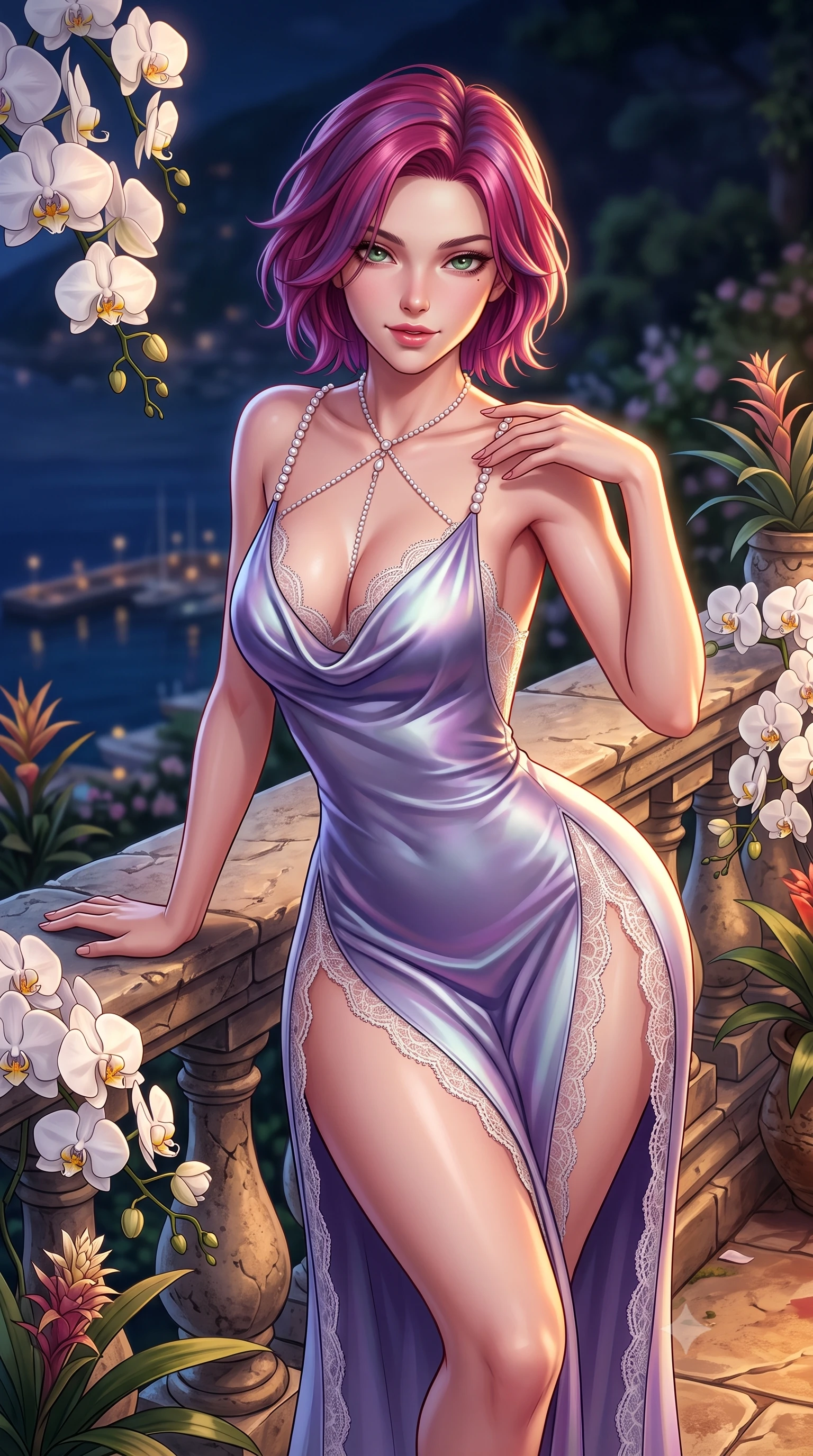 score_9, masterpiece, best quality, ultra-detailed, high-budget anime keyframe, semi-realistic 3D game render, editorial fashion photography, tasteful artistic composition, Caucasian woman. close-up cowboy shot from the waist and thighs up, the character dominates the composition, filling the frame with her large presence. leaning forward while arching her lower back to accentuate her curvy hips, looking into the camera with an intoxicating smoldering gaze and bedroom-eyes while leaning against the stone parapet surrounded by blooming white orchids with hips cocked back, casting a smoldering glance toward the harbor. The background shows a soft-focus cascading white orchid blossoms softened in exclusive nocturnal garden shallow focus. She has an exceptionally elegant, slender, and willowy female figure with an ultra-slim waist, flat toned midriff, narrow ribcage, and sculpted feminine hips creating an alluring, slim hourglass silhouette without bulk. sharp v-shaped jawline, high-bridge nose, sparkling eyes with hypnotic seductive depth, thick curled eyelashes, glossy parted lips with a natural dewy peach sheen, alluring bedroom-eyes with an enchanting coquettish smile, exuding magnetic siren charisma and sophisticated glamour, flawlessly proportioned anatomical accuracy, strict slender model proportions, natural body alignment, perfectly sculpted long slender limbs, ultra-slim waistline, clean dynamic posture without body distortion. wearing a plunging cowl-neck liquid silk satin sarong slip dress with daring hip-high double slits and pearl shoulder straps in dusk lavender and iridescent silver, made of delicate semi-sheer French Chantilly lace with intricate eyelash edges, accented with a pearl-drop body harness subtly framing her dewy collarbones and spine, the form-contouring silhouette accentuating her sculpted flat midriff, narrow delicate ribcage, and gracefully curvy hips with intoxicating allure. illuminated by terrace flagstone reflection fill and sharp golden-amber rim lights sculpting her razor-sharp jawline, narrow waist, and curvy hips. highly saturated vibrant anime colors, detailed shading with soft gradients, rich glossy textures, high-contrast stereoscopic depth, volumetric dynamic lighting, master piece, 9:16 ratio
