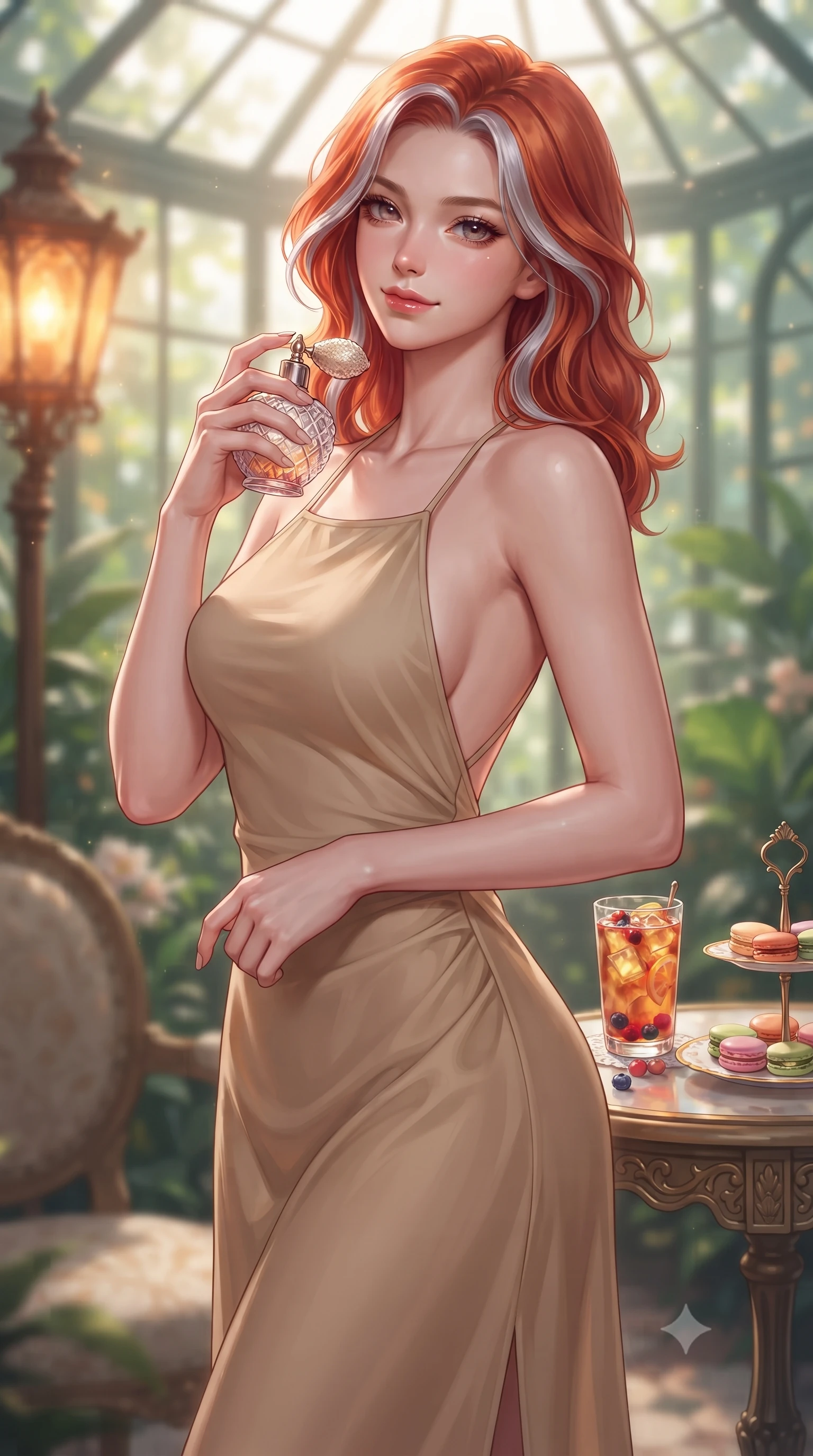 score_9, masterpiece, best quality, ultra-detailed, high-budget anime keyframe, editorial fashion photography, tasteful artistic composition, Caucasian woman. close-up cowboy shot from the waist and thighs up, the character dominates the composition, filling the frame with her large presence, background elements kept in soft focus. holding a vintage perfume bottle to her neck, smiling with quiet magnetic self-assurance set against a soft-focus background of inside an exclusive botanical greenhouse with a glass of iced fruit tea and delicate macaron pastries arranged on the table. She has an exceptionally elegant, slender, and willowy female figure with an ultra-slim waist, a gracefully sculpted slender torso, and a refined silhouette. sharp v-shaped jawline, high-bridge nose, intricate jewel-like eyes with depth, thick eyelashes, glossy lips with a natural sheen. wearing form-contouring warm beige semi-opaque chiffon backless linen halter dress featuring delicate straps and a draped open-back design featuring refined tailored seams. illuminated by soft silver moonlight contrasting with the warm amber glow of a nearby lamp. highly saturated vibrant anime colors, detailed shading with soft gradients, rich glossy textures, high-contrast stereoscopic depth, volumetric dynamic lighting, master piece, 9:16 ratio