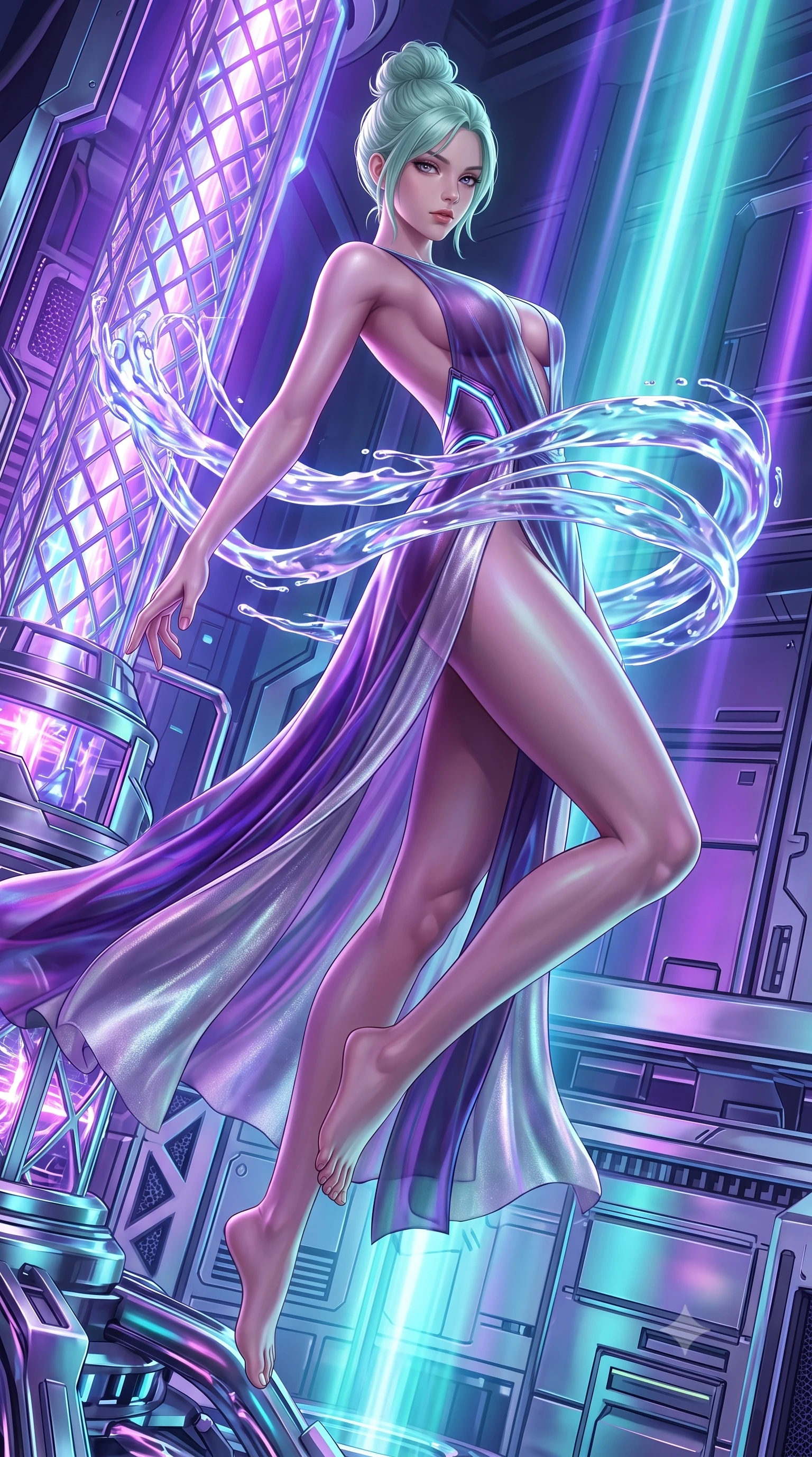 score_9, masterpiece, best quality, ultra-detailed, high-budget anime keyframe, semi-realistic 3D game render, editorial fashion photography, tasteful artistic composition, Japanese woman. low angle full-body shot from head to toe showing her feet, filling the entire 9:16 vertical frame with her statuesque presence, stretching her vertical silhouette. arching her back in a fluid zero-gravity turn with sovereign grace, her long slender legs and sculpted torso creating a sweeping line while reaching forward with a dangerous smolder as streams of liquid plasma wrap around her waist. The surrounding environment is rendered in vivid detail and crisp panoramic clarity. intricate plasma arc textures, glowing fusion core lattices, and polished chrome plating in high resolution. She has an absolutely perfect, statuesque 8.5-heads proportion, an exceptionally tall and slender model-like female figure with impossibly long slender legs and an ultra-slim waist. sharp v-shaped jawline, high-bridge nose, intricate jewel-like eyes with depth, thick eyelashes, glossy lips with a natural sheen, flawlessly proportioned anatomical accuracy, natural body alignment, perfectly sculpted elegant limbs, clean dynamic posture without body distortion. wearing a translucent iridescent chiffon gown with a plunging neckline, high dual thigh slits, and an open back in dark amethyst purple and shimmering starlight silver, made of smooth iridescent silk chiffon that shifts colors with movement, featuring a dangerously unzipped neckline framed by glowing cybernetic accents, the liquid-tight fabric adhering flawlessly to her sculpted torso and slender silhouette. illuminated by intense volumetric energy beams and high-contrast specular reflections. highly saturated vibrant anime colors, detailed shading with soft gradients, rich glossy textures, high-contrast stereoscopic depth, volumetric dynamic lighting, master piece, 9:16 ratio