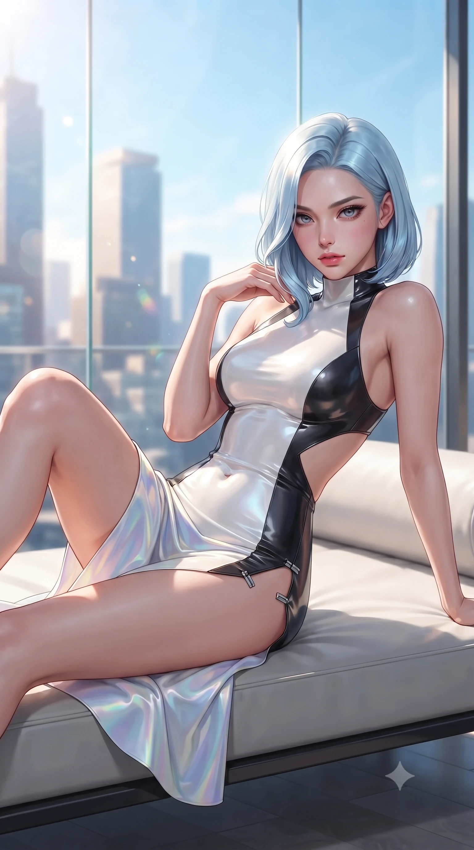 score_9, masterpiece, best quality, ultra-detailed, high-budget anime keyframe, editorial fashion photography, tasteful artistic composition, Korean woman. close-up cowboy shot from the waist and thighs up, the character dominates the composition, filling the frame with her large presence. gazing directly into the lens with bedroom eyes and a breathtaking, dangerous allure that commands the entire composition while lounging seductively in a minimalist designer daybed framed by bright morning sunbeams and city sky views. The composition keeps background elements in soft focus with creamy bokeh. sunlit skyscraper towers and clear blue skies blurred into bright, clean high-key urban bokeh. She has an exceptionally elegant, slender, and willowy female figure with an ultra-slim waist, a gracefully sculpted slender torso, toned flat midriff, and a refined slim silhouette. sharp v-shaped jawline, high-bridge nose, intricate jewel-like eyes with depth, thick eyelashes, glossy lips with a natural sheen, flawlessly proportioned anatomical accuracy, strict slender model proportions, natural body alignment, perfectly sculpted long slender limbs, ultra-slim waistline, clean dynamic posture without body distortion. wearing a second-skin fashion-latex mini dress with a clean architectural front, featuring an open-back design that wraps around the sides of her waist, showcasing her slender silhouette in high-gloss monochrome white and sharp black contrast, made of smooth iridescent silk chiffon that shifts colors with movement, finished with an ultra-high side slit secured by miniature magnetic clasps, the liquid-tight tailored fabric emphasizing every curve of her tall, slender model proportions and sculptured silhouette during dynamic movement. bathed in bright, clean high-key natural sunlight flooding through panoramic glass walls. ultra-reflective glossy finish, specular highlights, metallic sheen, high-contrast stereoscopic depth, volumetric dynamic lighting, 2k, ultra detail, master piece, 9:16 ratio