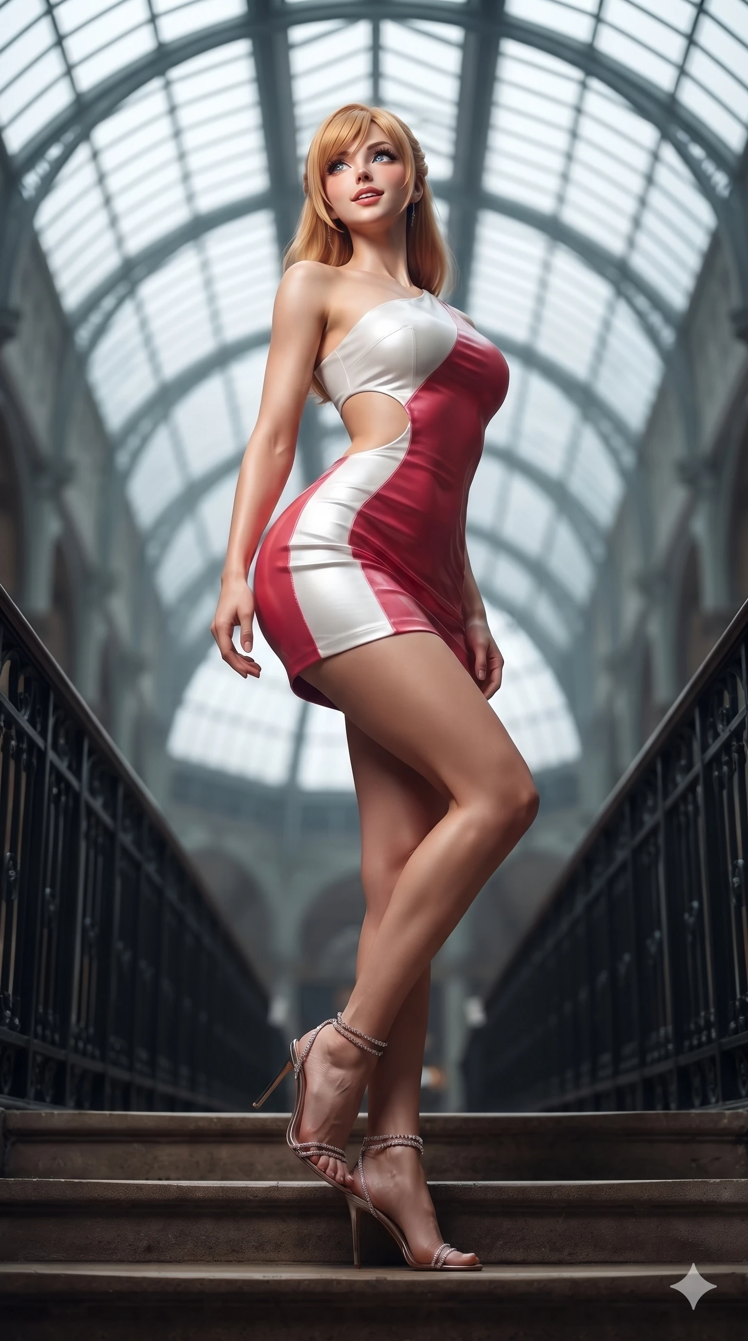 score_9, masterpiece, best quality, ultra-detailed, high-budget anime keyframe, editorial fashion photography, tasteful artistic composition, Caucasian woman. low angle full-body shot from head to toe showing her feet, filling the entire 9:16 vertical frame with her statuesque presence, stretching her vertical silhouette. sitting poised on the stone steps with one knee bent, arching her spine with supermodel elegance as she glances upward through thick eyelashes while standing poised on the high suspended iron catwalk, arching her lower back to emphasize her curvy hips against the soaring glass vault. The background shows a soft-focus high-altitude Victorian glasshouse catwalk softened in architectural shallow focus. She has an absolutely perfect, statuesque 8.5-heads proportion, an exceptionally tall and slender model-like female figure with impossibly long slender legs, an ultra-slim waist, a flat toned midriff, narrow delicate ribcage, and beautifully sculpted feminine hips creating a graceful, slim hourglass silhouette without any bulky heaviness. sharp v-shaped jawline, high-bridge nose, sparkling eyes with hypnotic seductive depth, thick curled eyelashes, glossy parted lips with a natural dewy peach sheen, alluring bedroom-eyes with an enchanting coquettish smile, exuding magnetic siren charisma and sophisticated glamour, flawlessly proportioned anatomical accuracy, strict slender model proportions, natural body alignment, perfectly sculpted long slender limbs, ultra-slim waistline, clean dynamic posture without body distortion. wearing an asymmetric one-shoulder metallic cocktail mini dress with a dramatic side cutout hugging her waist in pure snow white and vivid cherry blossom crimson, made of supple butter-soft lambskin leather with a subtle satin sheen, complemented by strappy stiletto sandals with crystal ankle wraps accentuating her slender calves, the glove-like clinging cut tightly following the natural contour of her hips and long slender legs with youthful 8.5-heads elegance. illuminated by white iron frame bounce and sharp silver-topaz rim lights sculpting her razor-sharp jawline, narrow waist, and curvy hips. ultra-reflective glossy finish, specular highlights, rich textural contrasts, high-contrast stereoscopic depth, volumetric dynamic lighting, 2k, ultra detail, master piece, 9:16 ratio