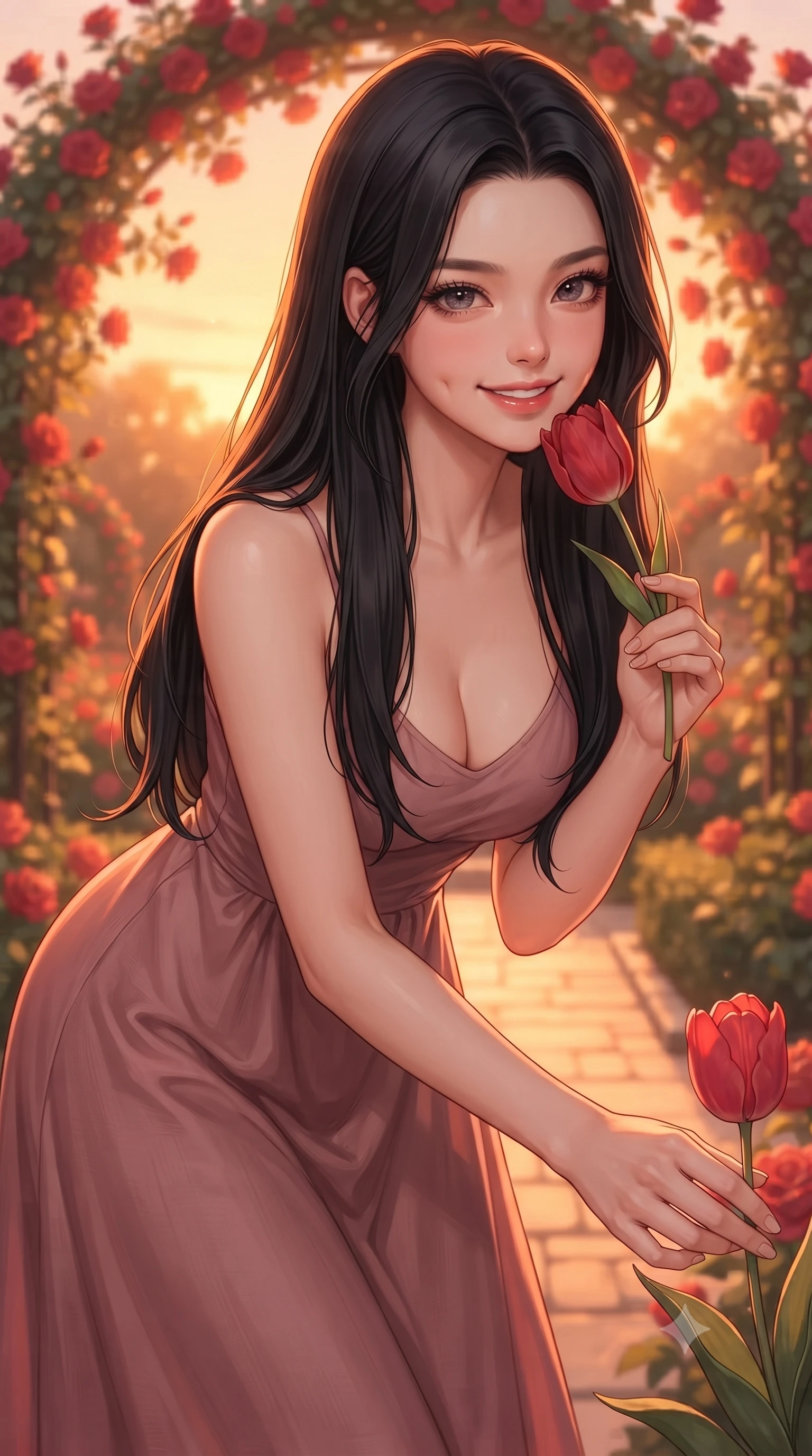 score_9, masterpiece, best quality, ultra-detailed, high-budget anime keyframe, editorial fashion photography, tasteful artistic composition, Korean woman. close-up cowboy shot from the waist and thighs up, the character dominates the composition, filling the frame with her large presence, background elements kept in soft focus. smiling with soft, captivating dimples, casting a warm yet magnetic gaze directly into the lens set against a soft-focus background of in a beautifully landscaped rose garden with archways of red roses bending down to smell a red tulip with a sweet, lovely expression. She has an exceptionally elegant, slender, and willowy female figure with an ultra-slim waist, a gracefully sculpted slender torso, and a refined silhouette. sharp v-shaped jawline, high-bridge nose, intricate jewel-like eyes with depth, thick eyelashes, glossy lips with a natural sheen. wearing slim-fit flowy linen sundress in dusty rose, draped softly and comfortably. golden hour sunset light casting a warm, romantic orange glow over the field. highly saturated vibrant anime colors, detailed shading with soft gradients, rich glossy textures, high-contrast stereoscopic depth, volumetric dynamic lighting, master piece, 9:16 ratio