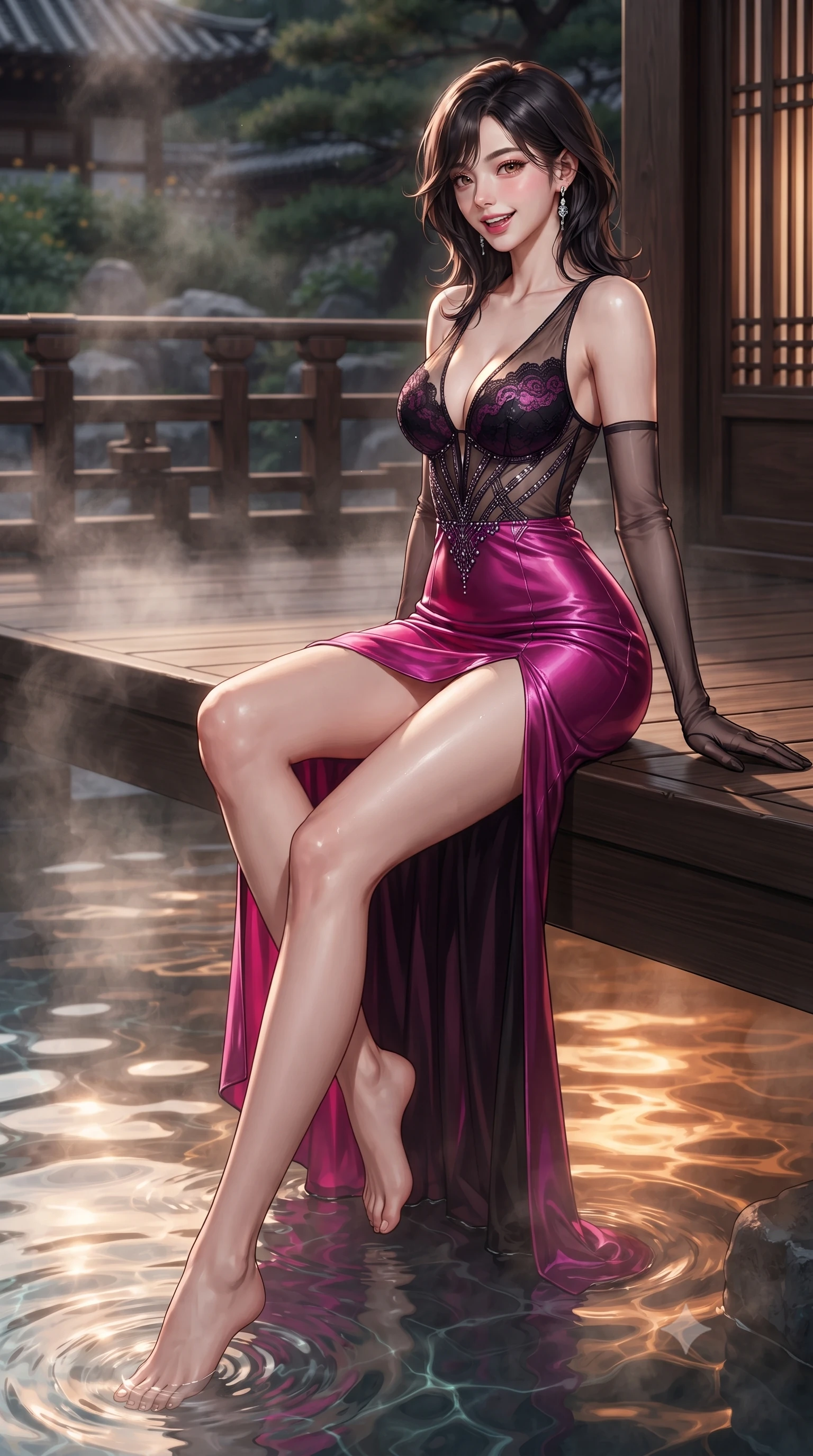 score_9, masterpiece, best quality, ultra-detailed, high-budget anime keyframe, editorial fashion photography, tasteful artistic composition, Korean woman. low angle full-body shot from head to toe showing her feet, filling the entire 9:16 vertical frame with her statuesque presence, stretching her vertical silhouette. executing a slow, graceful pivot turn as her skirt sways around her slender legs, glancing back with an enchanting, teasing sensual expression while sitting perched on the deck edge with legs dipped in thermal water, flashing a radiant, playful smile with parted glossy lips. The surrounding environment is rendered in vivid detail and crisp panoramic clarity: detailed sheer silk chiffon slip dress with eyelash lace cups, high side slit, and Korean master woodcraft in razor-sharp precision. She has an exceptionally tall and slender model-like 8.5-heads proportion, an ultra-slim waist, a flat toned midriff, narrow delicate ribcage, and beautifully sculpted feminine hips creating a graceful, slim hourglass silhouette without any bulky heaviness, with impossibly long slender legs. sharp v-shaped jawline, high-bridge nose, intricate jewel-like sparkling eyes with depth, thick eyelashes, glossy parted lips with a natural peach sheen, bright cheerful beaming smile with an enchanting and coquettish sensual glint, exuding both youthful cute charm and seductive allure, flawlessly proportioned anatomical accuracy, strict slender model proportions, natural body alignment, perfectly sculpted long slender limbs, ultra-slim waistline, clean dynamic posture without body distortion. wearing a plunge-front sheer mesh cocktail gown with delicate crystal beading and an ultra-daring hip-high leg slit in Gangnam electric magenta noir and glossy onyx, crafted from fluid liquid silk satin that clings smoothly to her narrow waist and rounded hips with a dewy sheen, complemented by sheer opera-length evening gloves tracing her slender arms, the liquid-tight tailored fabric clinging flawlessly to her narrow waist and rounded feminine hips, emphasizing every millimeter of her sculpted slim hourglass curves without any bulky heaviness. illuminated by thermal pool surface caustics and sharp pearlescent rim lights sculpting her jawline, narrow waist, and curvy hips. ultra-reflective glossy finish, specular highlights, rich textural contrasts, high-contrast stereoscopic depth, volumetric dynamic lighting, 2k, ultra detail, master piece, 9:16 ratio