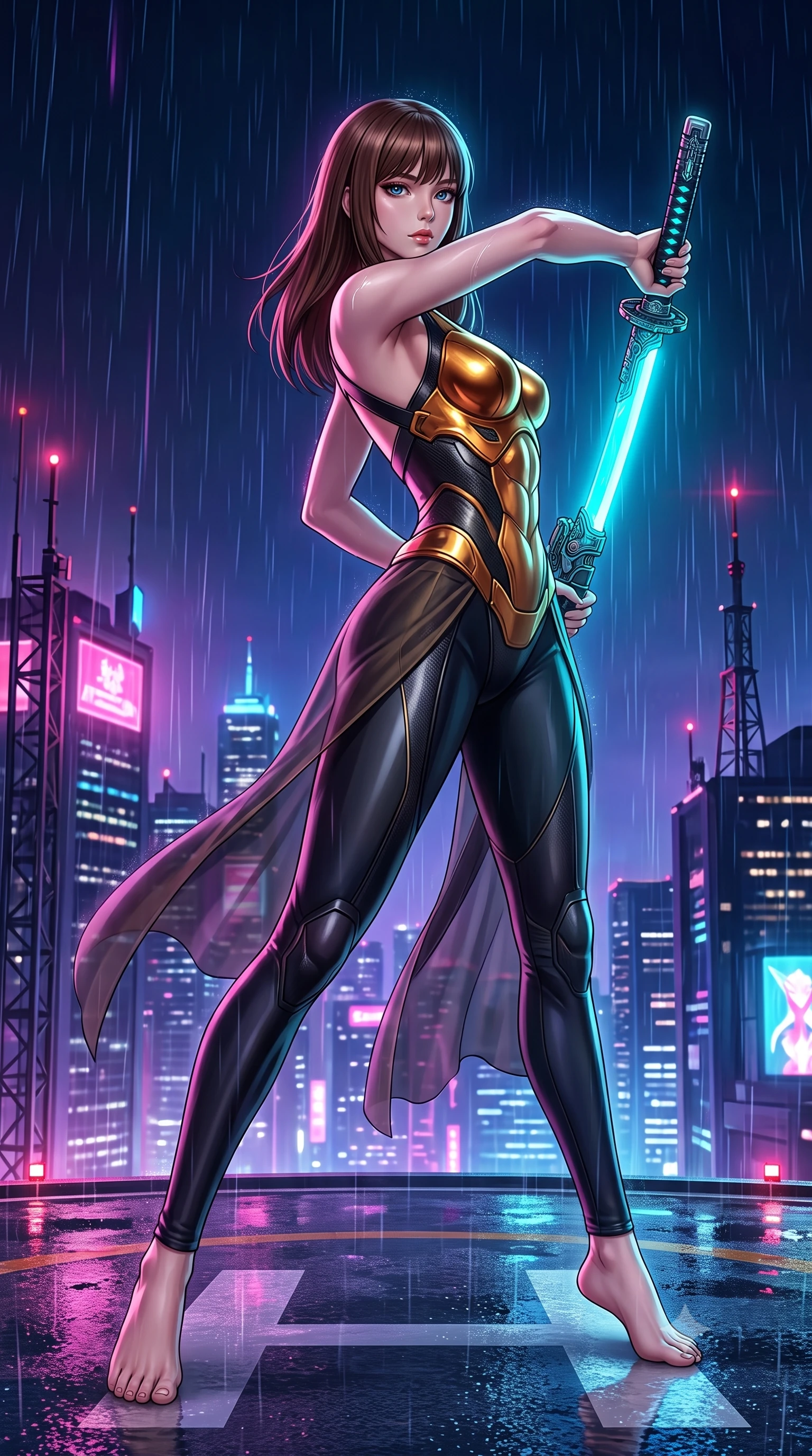 score_9, masterpiece, best quality, ultra-detailed, high-budget anime keyframe, semi-realistic 3D game render, editorial fashion photography, tasteful artistic composition, Korean woman. low angle full-body shot from head to toe showing her feet, filling the entire 9:16 vertical frame with her statuesque presence, stretching her vertical silhouette. arching her spine in a fluid zero-gravity combat turn with sovereign grace, her long slender legs and sculpted torso creating a sweeping line of power while standing with supreme combat grace on a wet skyscraper helipad amidst heavy neon rain while drawing a glowing cyan plasma katana. The surrounding environment is rendered in vivid detail and crisp panoramic clarity. intricate cybernetic katana hilt engravings, skyscraper antenna beacons, and neon city reflections in high clarity. She has an absolutely perfect, statuesque 8.5-heads proportion, an exceptionally tall and slender model-like female figure with impossibly long slender legs, a toned flat midriff, and an ultra-slim waist. sharp v-shaped jawline, high-bridge nose, intricate jewel-like eyes with depth, thick eyelashes, glossy lips with a natural sheen, flawlessly proportioned anatomical accuracy, strict slender model proportions, natural body alignment, perfectly sculpted long slender limbs, ultra-slim waistline, clean dynamic posture without body distortion. wearing a sculpted molten-gold and dark carbon cuirass paired with high-mobility combat leggings and sheer side drapes, wielding a glowing plasma energy scythe with fluid grace in arctic white carbon composite with radiant solar gold plating, made of lightweight aerodynamic carbon-titanium alloy with polished edge bevels, complemented by criss-cross back harness straps highlighting her completely bare spine, the liquid-tight tailored fabric emphasizing every curve of her tall, slender model proportions and sculptured silhouette during dynamic movement. illuminated by crisp white key lighting with sharp specular highlights tracing her sculpted carbon armor curves. rich saturated anime colors with glowing neon highlights, detailed shading with soft gradients, rich glossy textures, high-contrast stereoscopic depth, volumetric dynamic lighting, master piece, 9:16 ratio