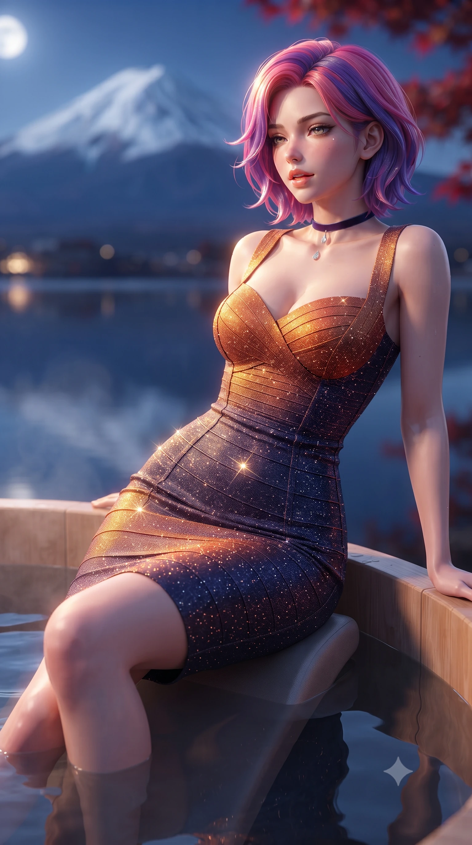 score_9, masterpiece, best quality, ultra-detailed, high-budget anime keyframe, editorial fashion photography, tasteful artistic composition, Caucasian woman. close-up cowboy shot from the waist and thighs up, the character dominates the composition, filling the frame with her large presence. perched sideways on the lounge seat, one knee drawn up to showcase her slender leg line while her arched back accentuates her feminine hip curve while leaning against the smooth aromatic cedar bath rim with hips cocked back, looking across the mirror-still lake with heavy-lidded bedroom-eyes. The background shows a soft-focus majestic symmetrical silhouette of snow-capped Mount Fuji illuminated under the twilight moon, mirror lake reflections, and red autumn maples blurred into indigo, snow-white, and crimson bokeh. She has an exceptionally elegant, slender, and willowy female figure with an ultra-slim waist, flat toned midriff, narrow ribcage, and sculpted feminine hips creating an alluring, slim hourglass silhouette without bulk. sharp v-shaped jawline, high-bridge nose, intricate jewel-like sparkling eyes with depth, thick eyelashes, glossy parted lips with a natural peach sheen, bright cheerful beaming smile with an enchanting and coquettish sensual glint, exuding both youthful cute charm and seductive allure, flawlessly proportioned anatomical accuracy, strict slender model proportions, natural body alignment, perfectly sculpted long slender limbs, ultra-slim waistline, clean dynamic posture without body distortion. wearing a body-contouring dense bandage knit pencil dress with sweetheart neckline in Seville orange blossom gold and midnight moorish indigo, woven from stretch metallic lurex jersey casting radiant starlight glints across her curves, finished with a thin velvet ribbon choker and a single teardrop diamond pendant, the impeccably tailored cut draping gracefully along her slender figure with aristocratic poise. illuminated by onsen water reflection bounce and sharp platinum-gold rim lights sculpting her razor-sharp jawline, narrow waist, and curvy hips. ultra-reflective glossy finish, specular highlights, rich textural contrasts, high-contrast stereoscopic depth, volumetric dynamic lighting, 2k, ultra detail, master piece, 9:16 ratio