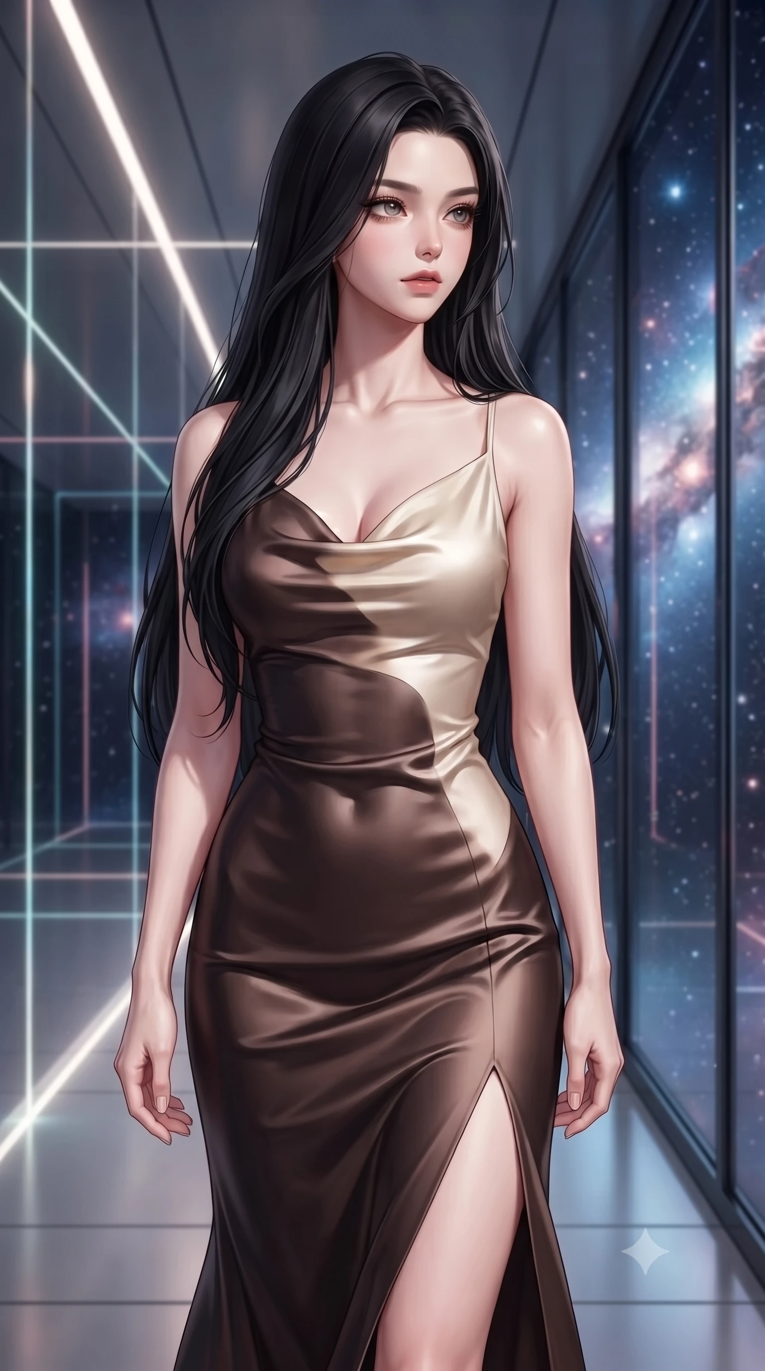 score_9, masterpiece, best quality, ultra-detailed, high-budget anime keyframe, editorial fashion photography, tasteful artistic composition, Korean woman. close-up cowboy shot from the waist and thighs up, the character dominates the composition, filling the frame with her large presence, background elements kept in soft focus. Gazing past the camera with an air of effortless elegance and mysterious confidence navigating a corridor of shifting laser light grids and mirror walls, starlight and cosmic nebula clouds glowing through the floor-to-ceiling glass. She has an exceptionally elegant, slender, and willowy female figure with an ultra-slim waist, a gracefully sculpted slender torso, and a refined silhouette. sharp v-shaped jawline, high-bridge nose, intricate jewel-like eyes with depth, thick eyelashes, glossy lips with a natural sheen. wearing an elegant cowl-neck satin midi dress with a draped neckline in espresso brown and warm cream, formed from sleek second-skin neoprene, finished with a sleek side slit ascending to mid-thigh, the form-contouring material highlighting her ultra-slim waist and long lines. surrounded by a crisp high-tech illumination highlighting every sleek curve. highly saturated vibrant anime colors, detailed shading with soft gradients, rich glossy textures, high-contrast stereoscopic depth, volumetric dynamic lighting, master piece, 9:16 ratio