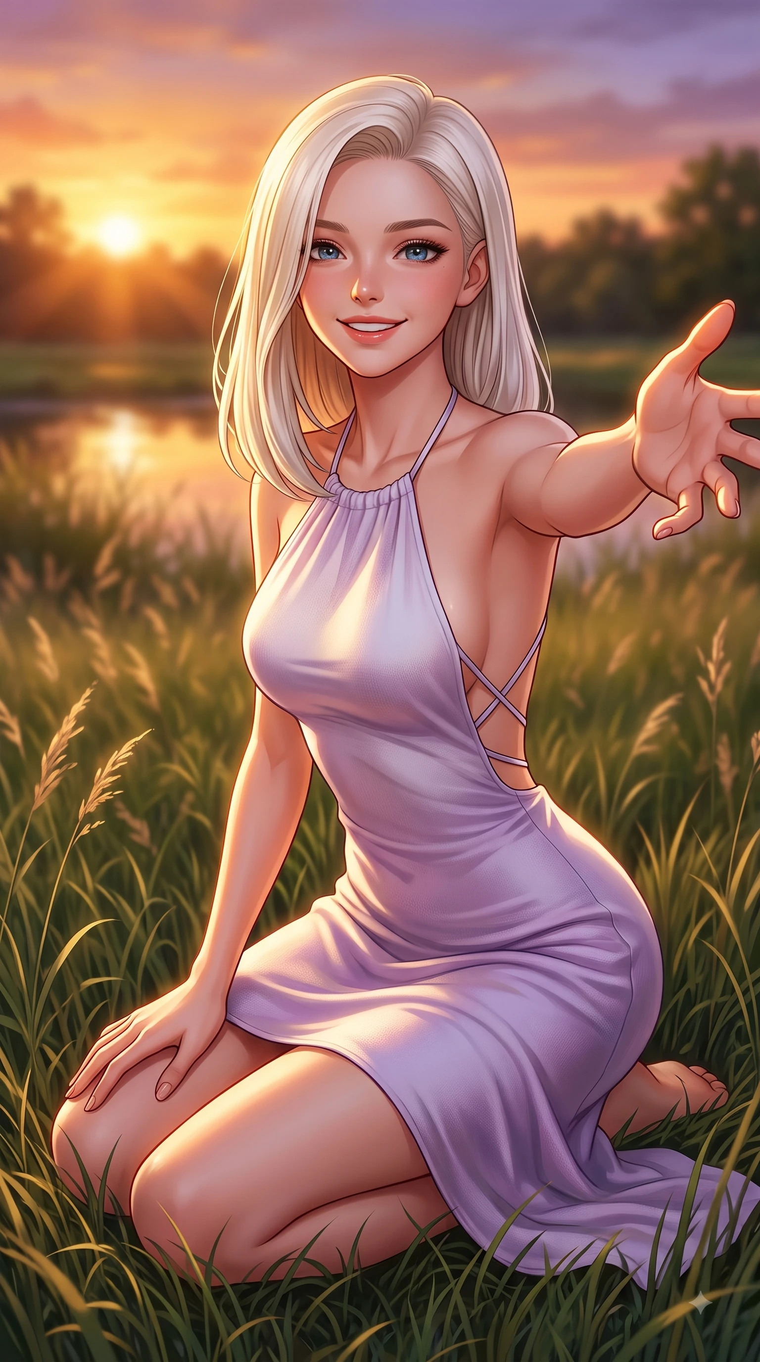 score_9, masterpiece, best quality, ultra-detailed, high-budget anime keyframe, editorial fashion photography, tasteful artistic composition, Caucasian woman. close-up cowboy shot from the waist and thighs up, the character dominates the composition, filling the frame with her large presence. Fresh enchanting smile, her eyes twinkling like jewels in the bright sunlight as one arm reaches out cheerfully while resting on her knees on the grass as warm sunset rays illuminate her radiant beauty. The composition keeps background elements in soft focus with dreamy bokeh. swaying park grasses and sunset sky gradients softened in dreamy background focus. She has an exceptionally elegant, slender, and willowy female figure with an ultra-slim waist, a gracefully sculpted slender torso, and a refined silhouette. sharp v-shaped jawline, high-bridge nose, intricate jewel-like eyes with depth, thick eyelashes, glossy lips with a natural sheen, flawlessly proportioned anatomical accuracy, natural body alignment, perfectly sculpted elegant limbs, clean dynamic posture without body distortion. wearing a delicate silk halter-neck dress following her curves gracefully in soft lavender violet and pearl white, knitted from soft cozy cashmere yarn, finished with delicate criss-cross back straps highlighting her bare shoulders, the form-contouring material highlighting her ultra-slim waist and long lines. bathed in glorious golden hour sunset sunbeams and warm amber sky radiance. highly saturated vibrant anime colors, detailed shading with soft gradients, rich glossy textures, high-contrast stereoscopic depth, volumetric dynamic lighting, master piece, 9:16 ratio