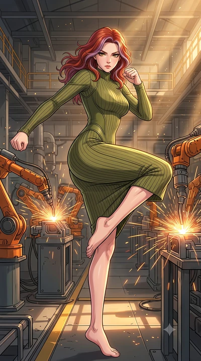 score_9, masterpiece, best quality, ultra-detailed, high-budget anime keyframe, clean line-art, cel-shading, Caucasian woman, strictly human ears. low angle full-body shot from head to toe showing her feet, filling the entire 9:16 vertical frame with