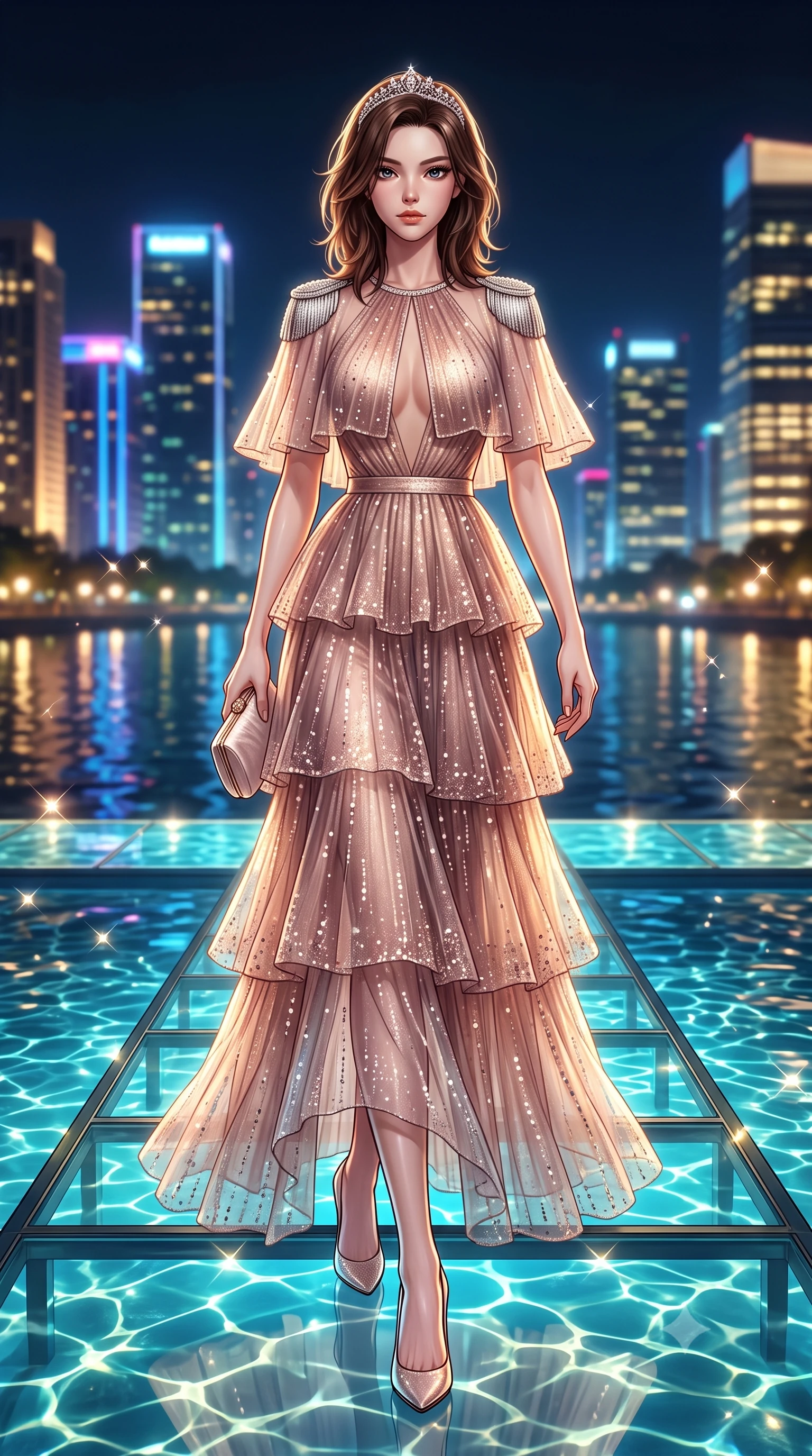 score_9, masterpiece, best quality, ultra-detailed, high-budget anime keyframe, semi-realistic 3D game render, editorial fashion photography, tasteful artistic composition, Korean woman. low angle full-body shot from head to toe showing her feet, filling the entire 9:16 vertical frame with her statuesque presence, stretching her vertical silhouette. striding forward in a proud, dynamic supermodel runway stride, her statuesque vertical silhouette commanding the entire frame while striding along the illuminated glass deck with effortless high-fashion authority and statuesque poise. The composition keeps background elements in soft focus with creamy bokeh. shimmering pool caustics and city neon reflections scattering radiant light motes across the deck. She has an absolutely perfect, statuesque 8.5-heads proportion, an exceptionally tall and slender model-like female figure with impossibly long slender legs, a toned flat midriff, and an ultra-slim waist. sharp v-shaped jawline, high-bridge nose, intricate jewel-like eyes with depth, thick eyelashes, glossy lips with a natural sheen, captivating and magnetic expression, flawlessly proportioned anatomical accuracy, strict slender model proportions, natural body alignment, perfectly sculpted long slender limbs, ultra-slim waistline, clean dynamic posture without body distortion. wearing a modern royal capelet gown with platinum shoulder epaulets and a slender column skirt in dusky blush rose and champagne shimmer, crafted from tiered translucent tulle adorned with delicate micro-sequins, accessorized with a sparkling tiara headband and delicate satin clutch, the liquid-tight tailored fabric emphasizing every curve of her tall, slender model proportions and sculptured silhouette during dynamic movement. surrounded by a cosmopolitan, elite, and intensely magnetic modern royalty aura. highly saturated vibrant anime colors, detailed shading with soft gradients, rich glossy textures, high-contrast stereoscopic depth, volumetric dynamic lighting, master piece, 9:16 ratio