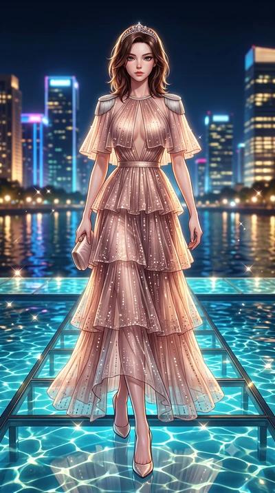 score_9, masterpiece, best quality, ultra-detailed, high-budget anime keyframe, semi-realistic 3D game render, editorial fashion photography, tasteful artistic composition, Korean woman. low angle full-body shot from head to toe showing her feet, fil