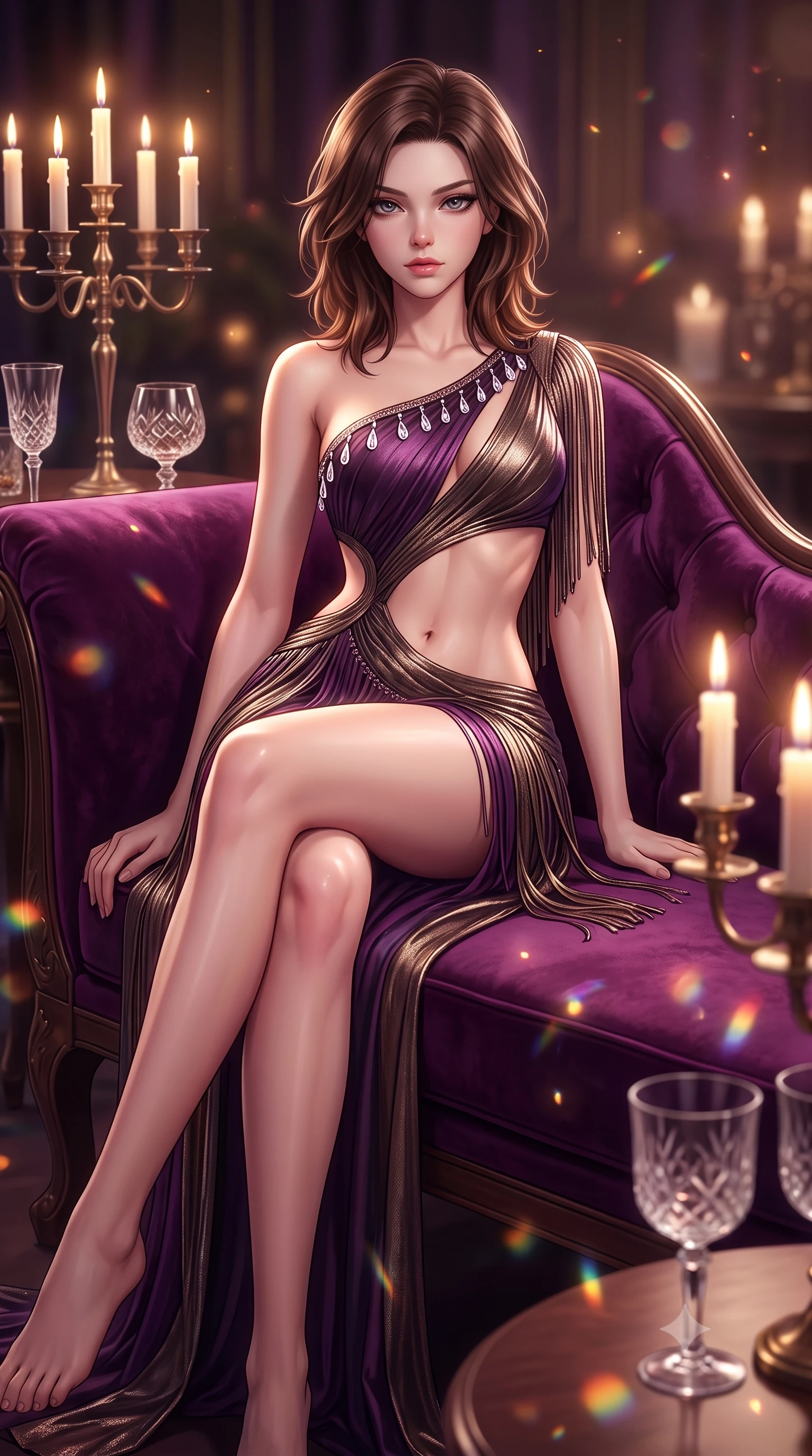 score_9, masterpiece, best quality, ultra-detailed, high-budget anime keyframe, semi-realistic 3D game render, editorial fashion photography, tasteful artistic composition, Korean woman. low angle full-body shot from head to toe showing her feet, filling the entire 9:16 vertical frame with her statuesque presence, stretching her vertical silhouette. reclining on her side in an elegant Cleopatra pose with one knee drawn up, the dramatic contour of her rounded hips and long slender legs commanding the 9:16 vertical frame while reclining on a plush velvet chaise lounge with one knee drawn up, smoldering eyes locked onto the viewer with dangerous flapper allure. The composition keeps background elements in soft focus with creamy bokeh. flickering candelabra flames and cut crystal glass refractions scattering warm decadent light motes. She has an absolutely perfect, statuesque 8.5-heads proportion, an exceptionally tall and slender model-like female figure with impossibly long slender legs, a toned flat midriff, an ultra-slim waist, and beautifully sculpted feminine hips. sharp v-shaped jawline, high-bridge nose, intricate jewel-like eyes with depth, thick eyelashes, glossy parted lips with a natural sheen, intensely captivating and seductive bedroom-eyes expression, flawlessly proportioned anatomical accuracy, strict slender model proportions, natural body alignment, perfectly sculpted long slender limbs, ultra-slim waistline, clean dynamic posture without body distortion. wearing an asymmetric one-shoulder fringe flapper dress with an exposed midriff cutout in deep plum violet and antique bronze, crafted from luxurious metallic lamé that shifts radiance with every step, accented with delicate crystal teardrop pendants outlining the plunging neckline, the form-contouring material adhering flawlessly to her sculpted flat midriff and slender torso, emphasizing her long leg lines and perfectly proportioned willowy build. surrounded by an opulent, scandalous, and irresistibly intoxicating jazz-age siren aura. highly saturated vibrant anime colors, detailed shading with soft gradients, rich glossy textures, high-contrast stereoscopic depth, volumetric dynamic lighting, master piece, 9:16 ratio