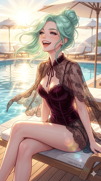 score_9, masterpiece, best quality, ultra-detailed, high-budget anime keyframe, vibrant anime aesthetic, Japanese woman. cowboy shot from the thighs up, character and outfit filling the frame for maximum presence. She is sitting by the resort pool, l