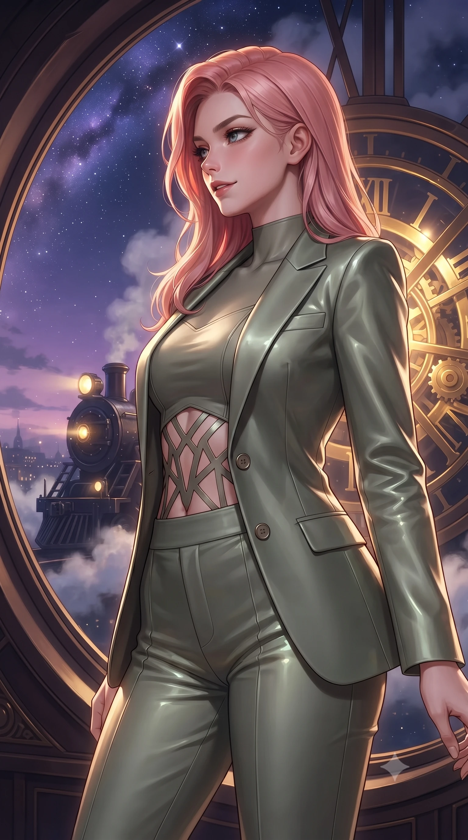 score_9, masterpiece, best quality, ultra-detailed, high-budget anime keyframe, editorial fashion photography, tasteful artistic composition, Japanese woman. close-up cowboy shot from the waist and thighs up, the character dominates the composition, filling the frame with her large presence, background elements kept in soft focus. Glancing sidelong over her shoulder with a smoldering half-smile and heavy lashes gazing out a massive circular clock window at a twilight galaxy express train, distant starlight and city lights twinkling through steam clouds. She has an exceptionally elegant, slender, and willowy female figure with an ultra-slim waist, a gracefully sculpted slender torso, and a refined silhouette. sharp v-shaped jawline, high-bridge nose, intricate jewel-like eyes with depth, thick eyelashes, glossy lips with a natural sheen. wearing a tailored silk blazer over a form-contouring top and fitted slacks in sage green and oatmeal, made of fine carbon-fiber weave and soft matte leather, featuring subtle geometric cutouts that highlight her ultra-slim midriff, the form-contouring material highlighting her ultra-slim waist and long lines. lit by a contrast of deep violet sky and radiant golden mechanical light. ultra-reflective glossy finish, specular highlights, metallic sheen, high-contrast stereoscopic depth, volumetric dynamic lighting, 2k, ultra detail, master piece, 9:16 ratio