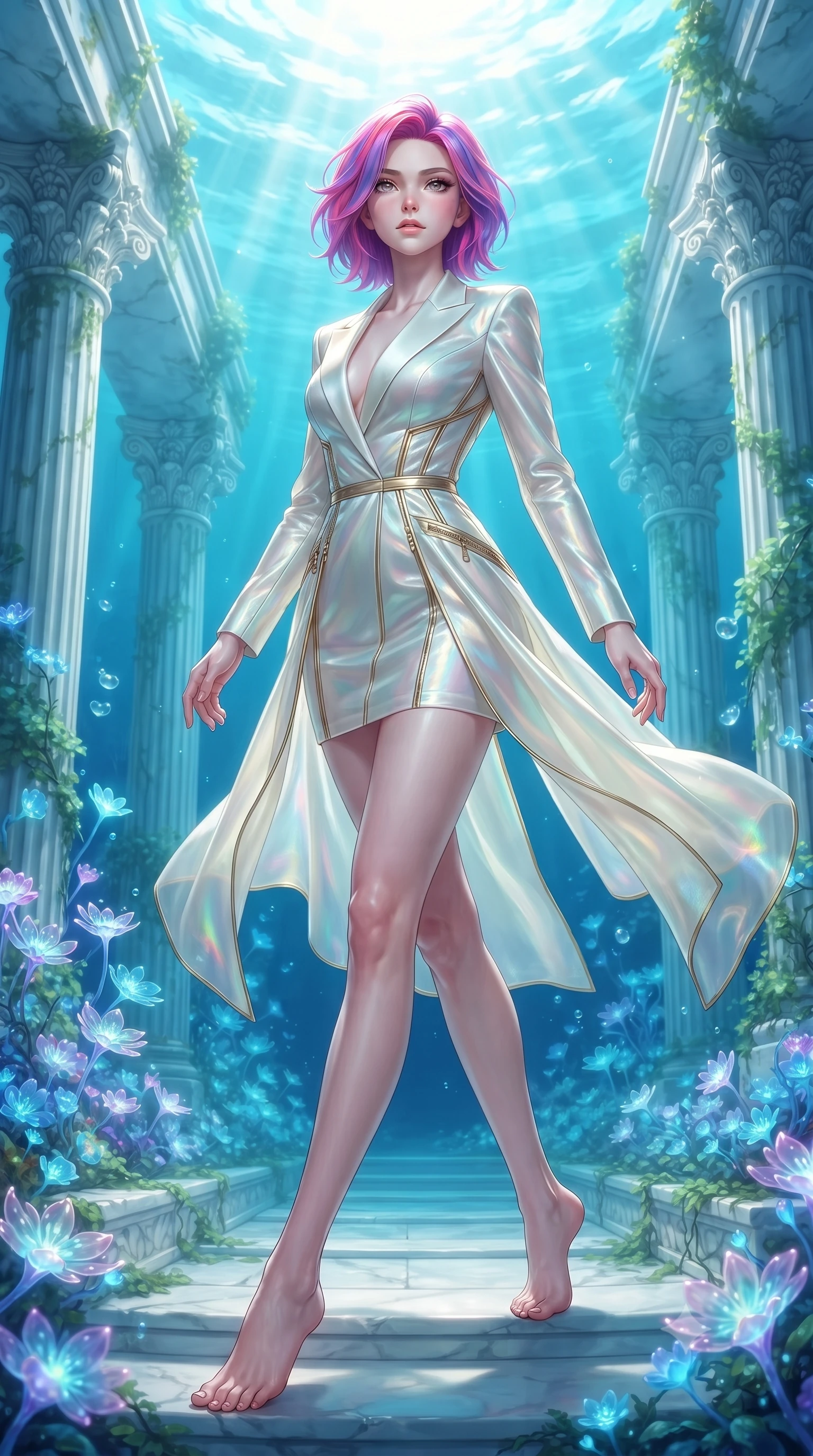 score_9, masterpiece, best quality, ultra-detailed, high-budget anime keyframe, editorial fashion photography, tasteful artistic composition, Caucasian woman. low angle full-body shot from head to toe showing her feet, filling the entire 9:16 vertical frame with her statuesque presence, stretching her vertical silhouette. navigating the celestial sanctuary with an effortless, graceful stride, standing on a sunken white marble colonnade underwater surrounded by bioluminescent sea-flowers, gentle water currents swaying her attire in fluid underwater motions. She has an absolutely perfect, statuesque 8.5-heads proportion, an exceptionally tall and slender model-like female figure with impossibly long slender legs and an ultra-slim waist. sharp v-shaped jawline, high-bridge nose, intricate jewel-like eyes with depth, thick eyelashes, glossy lips with a natural sheen. wearing tailored ivory tux dress with satin lapels and fitted waist in pale opal seafoam, made of iridescent hologram organza, finished with metallic gold boning and sleek zipper points, accentuating her gracefully sculpted slender torso. lit by clear sun-drenched sea light with soft ethereal shadows. highly saturated vibrant anime colors, detailed shading with soft gradients, rich glossy textures, high-contrast stereoscopic depth, volumetric dynamic lighting, master piece, 9:16 ratio