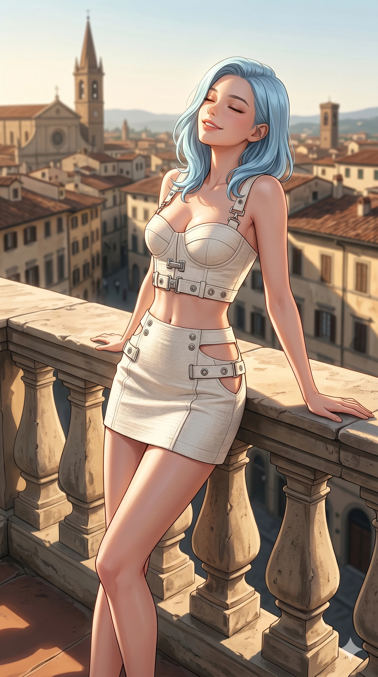 score_9, masterpiece, best quality, ultra-detailed, high-budget anime keyframe, editorial fashion photography, tasteful artistic composition, Korean woman. cowboy shot from the thighs up, character and outfit filling the frame for maximum editorial presence. leaning back gracefully with a serene, relaxed smile, letting the warm sun wash over her face leaning against the railing of a sunlit private rooftop terrace overlooking a historic European town (Code-P150). She has an absolutely perfect 8-heads proportion, an exceptionally tall and slender female figure with impossibly long slender legs and an ultra-slim waist. V-shaped jawline, high-bridge nose, intricate jewel-like eyes with depth, thick eyelashes, glossy lips with a natural sheen. wearing a structured crop bustier with chrome hardware and a matching micro-length skirt with side cuts. bathed in warm afternoon sunbeams casting long, soft shadows and highlighting her slender waist. 2k, ultra detail, master piece, 9:16 ratio