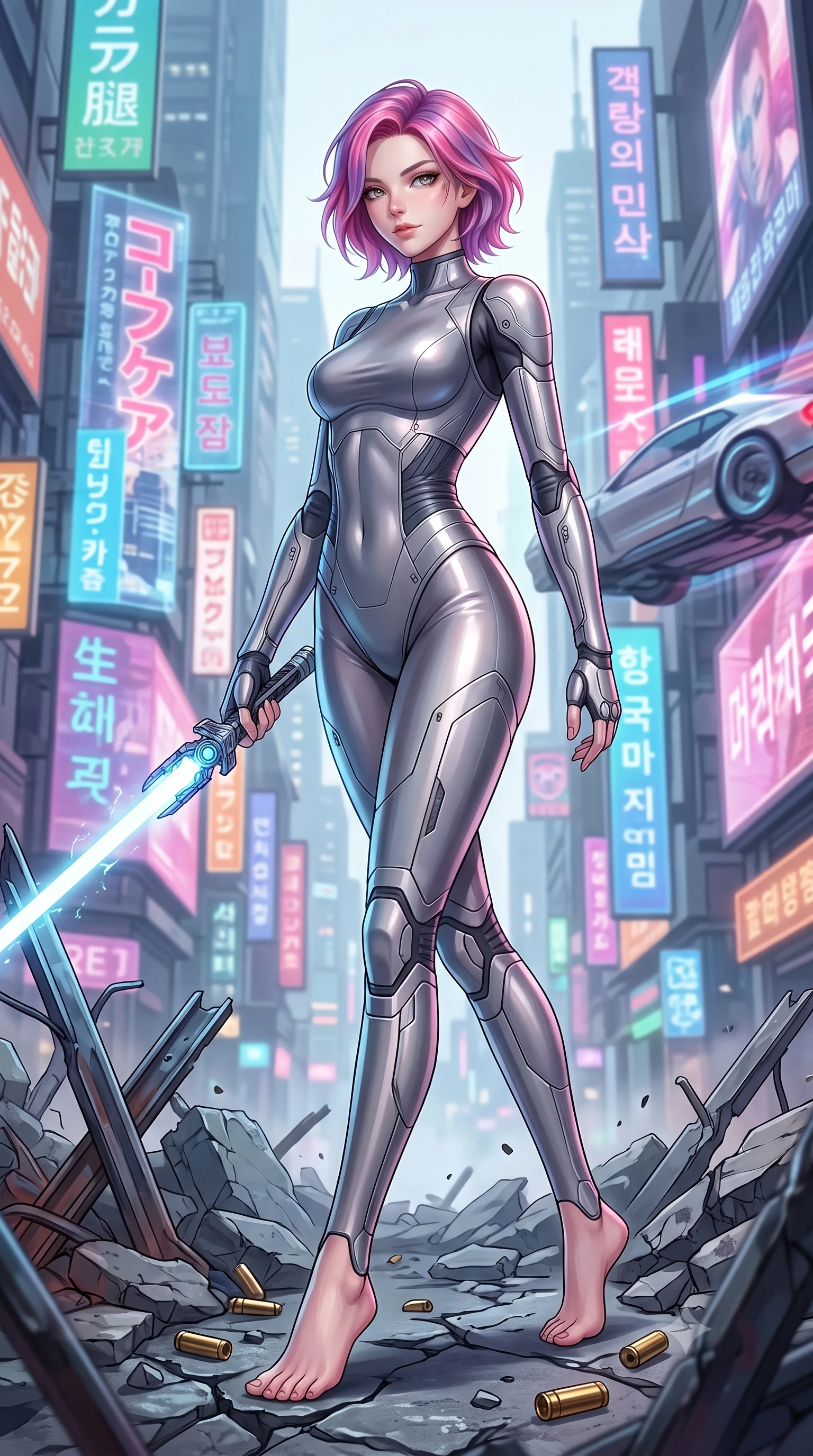 score_9, masterpiece, best quality, ultra-detailed, high-budget anime keyframe, editorial fashion photography, tasteful artistic composition, Caucasian woman. low angle full-body shot from head to toe showing her feet, filling the entire 9:16 vertical frame with her statuesque presence, stretching her vertical silhouette. stepping gracefully through battlefield debris with a glowing saber hilt in hand, looking back over her shoulder, the background shows a soft-focus a bustling future metropolis street with towering holographic advertisements. She has an absolutely perfect, statuesque 8.5-heads proportion, an exceptionally tall and slender model-like female figure with impossibly long slender legs and an ultra-slim waist. sharp v-shaped jawline, high-bridge nose, intricate jewel-like eyes with depth, thick eyelashes, glossy lips with a natural sheen. wearing a body-hugging body-hugging titanium-sheen mock-neck bodysuit, featuring elastic compression panels at the waist. dynamic flashing lights from passing hover-cars casting moving shadows on her face. highly saturated vibrant anime colors, detailed shading with soft gradients, rich glossy textures, high-contrast stereoscopic depth, volumetric dynamic lighting, master piece, 9:16 ratio