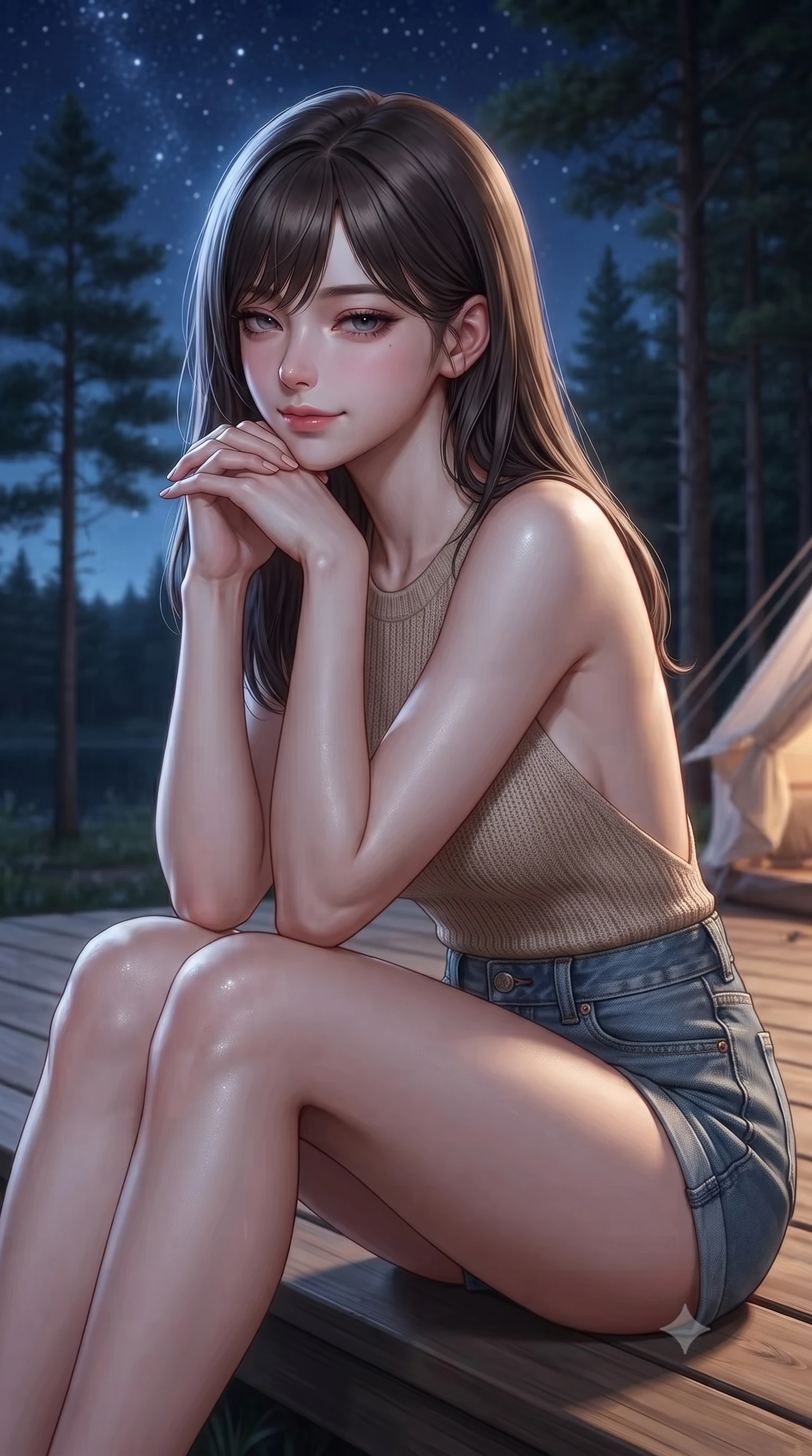 score_9, masterpiece, best quality, ultra-detailed, high-budget anime keyframe, editorial fashion photography, tasteful artistic composition, Korean woman. close-up cowboy shot from the waist and thighs up, the character dominates the composition, filling the frame with her large presence, background elements kept in soft focus. resting her chin on the backs of her fingers, casting a heavy-lidded, sultry look past the camera the background shows a soft-focus a wooden deck of a lakeside glamping site under a starry night sky and tall trees. She has an exceptionally elegant, slender, and willowy female figure with an ultra-slim waist, a gracefully sculpted slender torso, and a refined silhouette. sharp v-shaped jawline, high-bridge nose, intricate jewel-like eyes with depth, thick eyelashes, glossy lips with a natural sheen. wearing a form-contouring backless knit top in beige wool, paired with high-waisted denim shorts. soft silver moonlight wrapping her silhouette in a cool cosmic glow. ultra-reflective glossy finish, specular highlights, metallic sheen, high-contrast stereoscopic depth, volumetric dynamic lighting, 2k, ultra detail, master piece, 9:16 ratio
