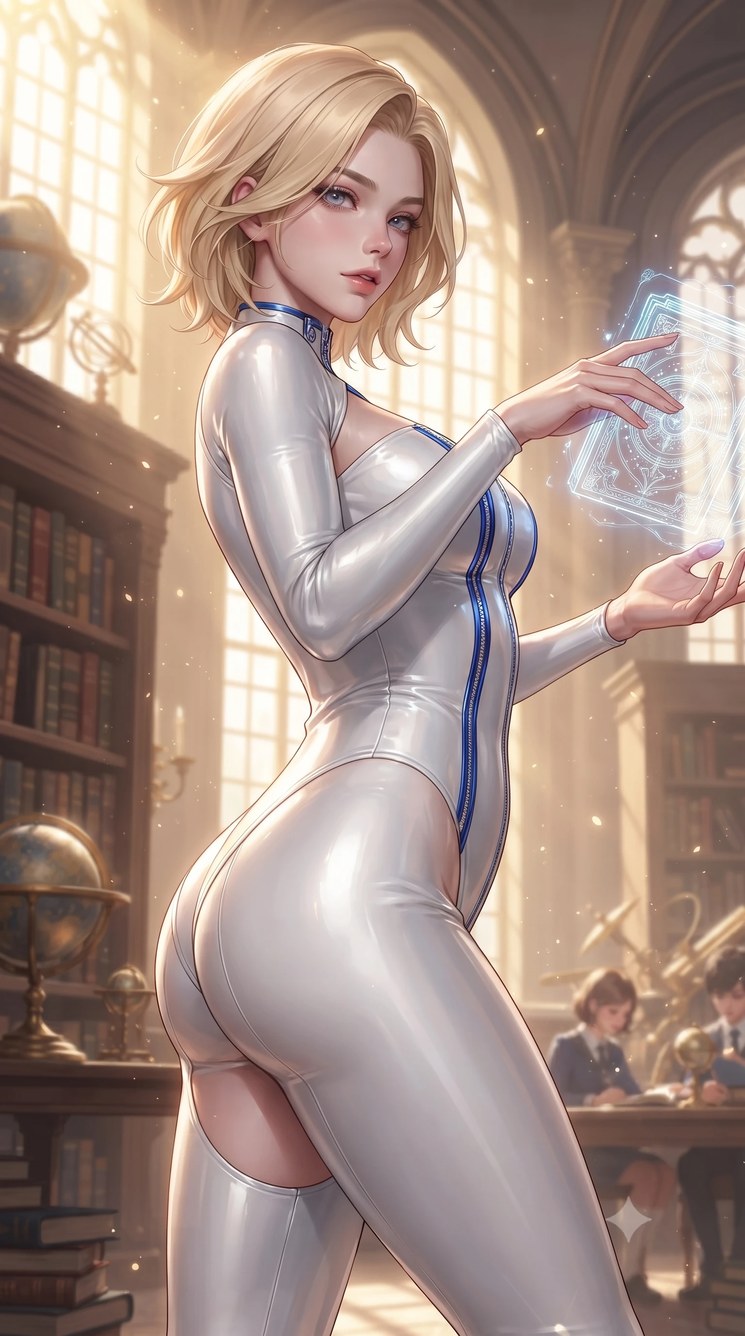 score_9, masterpiece, best quality, ultra-detailed, high-budget anime keyframe, editorial fashion photography, tasteful artistic composition, Caucasian woman. close-up cowboy shot from the waist and thighs up, the character dominates the composition, filling the frame with her large presence. extending one arm gracefully toward the light while her torso arches in a sleek, alluring curve with magnetic intensity while reaching one arm out to touch a glowing holographic tome while glancing over her shoulder with bedroom eyes. The composition keeps background elements in soft focus with creamy bokeh. golden sunbeams filtering through tall windows scattering soft light motes across the background. She has an exceptionally elegant, slender, and willowy female figure with an ultra-slim waist, a gracefully sculpted slender torso, toned flat midriff, and a refined slim silhouette. sharp v-shaped jawline, high-bridge nose, intricate jewel-like eyes with depth, thick eyelashes, glossy lips with a natural sheen, flawlessly proportioned anatomical accuracy, strict slender model proportions, natural body alignment, perfectly sculpted long slender limbs, ultra-slim waistline, clean dynamic posture without body distortion. wearing a glossy white second-skin latex bodysuit with high-thigh cuts, exposed clavicle neckline, and gleaming zipper details in liquid electric cobalt blue and polished silver, made of liquid metal jersey that clings flawlessly to every contour of her build, finished with an ultra-high side slit secured by miniature magnetic clasps, the form-contouring material adhering flawlessly to her sculpted flat midriff and slender torso, emphasizing her long leg lines and perfectly proportioned willowy build. surrounded by an intelligent, noble, and enchantingly seductive solar academy atmosphere. ultra-reflective glossy finish, specular highlights, metallic sheen, high-contrast stereoscopic depth, volumetric dynamic lighting, 2k, ultra detail, master piece, 9:16 ratio