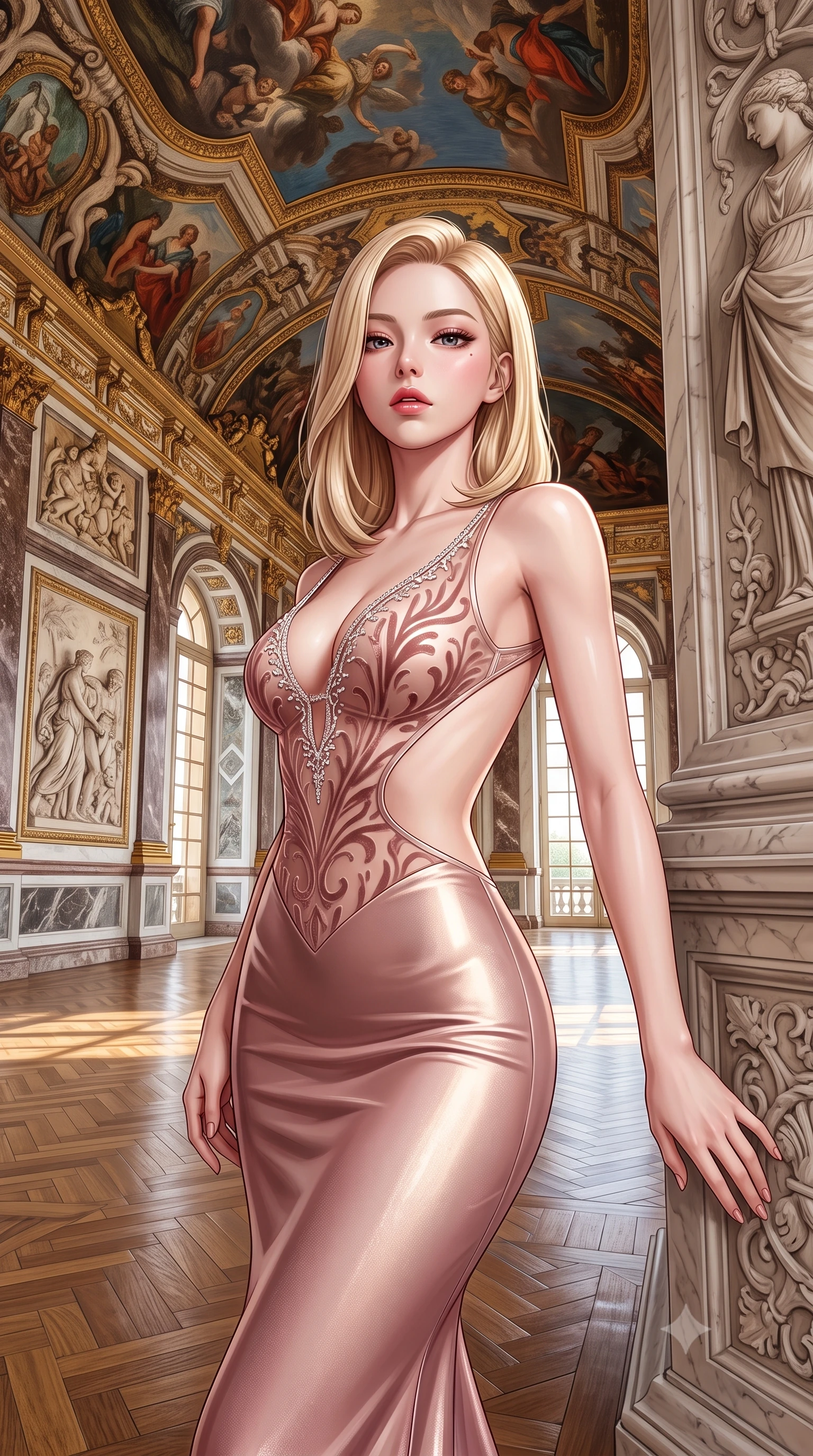 score_9, masterpiece, best quality, ultra-detailed, high-budget anime keyframe, semi-realistic 3D game render, editorial fashion photography, tasteful artistic composition, Korean woman. close-up cowboy shot from the waist and thighs up, the character dominates the composition, filling the frame with her large presence. leaning back with relaxed seductive grace, her sculpted collarbones and narrow waist highlighted as she casts smoldering bedroom-eyes directly into the camera while standing poised beneath soaring Renaissance frescoed ceilings, twisting her slender torso in an alluring contrapposto stance. The surrounding environment is rendered in vivid detail and crisp panoramic clarity. sharp oil painting brushstroke textures, carved marble relief, and polished herringbone parquet in deep focus. She has an exceptionally elegant, slender, and willowy female figure with an ultra-slim waist, flat toned midriff, narrow ribcage, and sculpted feminine hips creating an alluring, slim hourglass silhouette without bulk. sharp v-shaped jawline, high-bridge nose, intricate jewel-like eyes with depth, thick eyelashes, glossy parted lips with a natural sheen, intensely captivating and seductive bedroom-eyes expression, flawlessly proportioned anatomical accuracy, strict slender model proportions, natural body alignment, perfectly sculpted long slender limbs, ultra-slim waistline, clean dynamic posture without body distortion. wearing a sculptured liquid-satin mermaid gown with an architectural open-waist cutout and bare spine in dusky blush rose and champagne shimmer, made of sheer contouring power-mesh with velvet flocking patterns, finished with delicate crystal frost embroidery tracing the plunging neckline, the liquid-tight tailored fabric clinging flawlessly to her narrow waist and rounded feminine hips, emphasizing every millimeter of her sculpted slim hourglass curves without any bulky heaviness. bathed in dramatic natural north skylight streaming through cathedral windows (Chiaroscuro North Light). highly saturated vibrant anime colors, detailed shading with soft gradients, rich glossy textures, high-contrast stereoscopic depth, volumetric dynamic lighting, master piece, 9:16 ratio