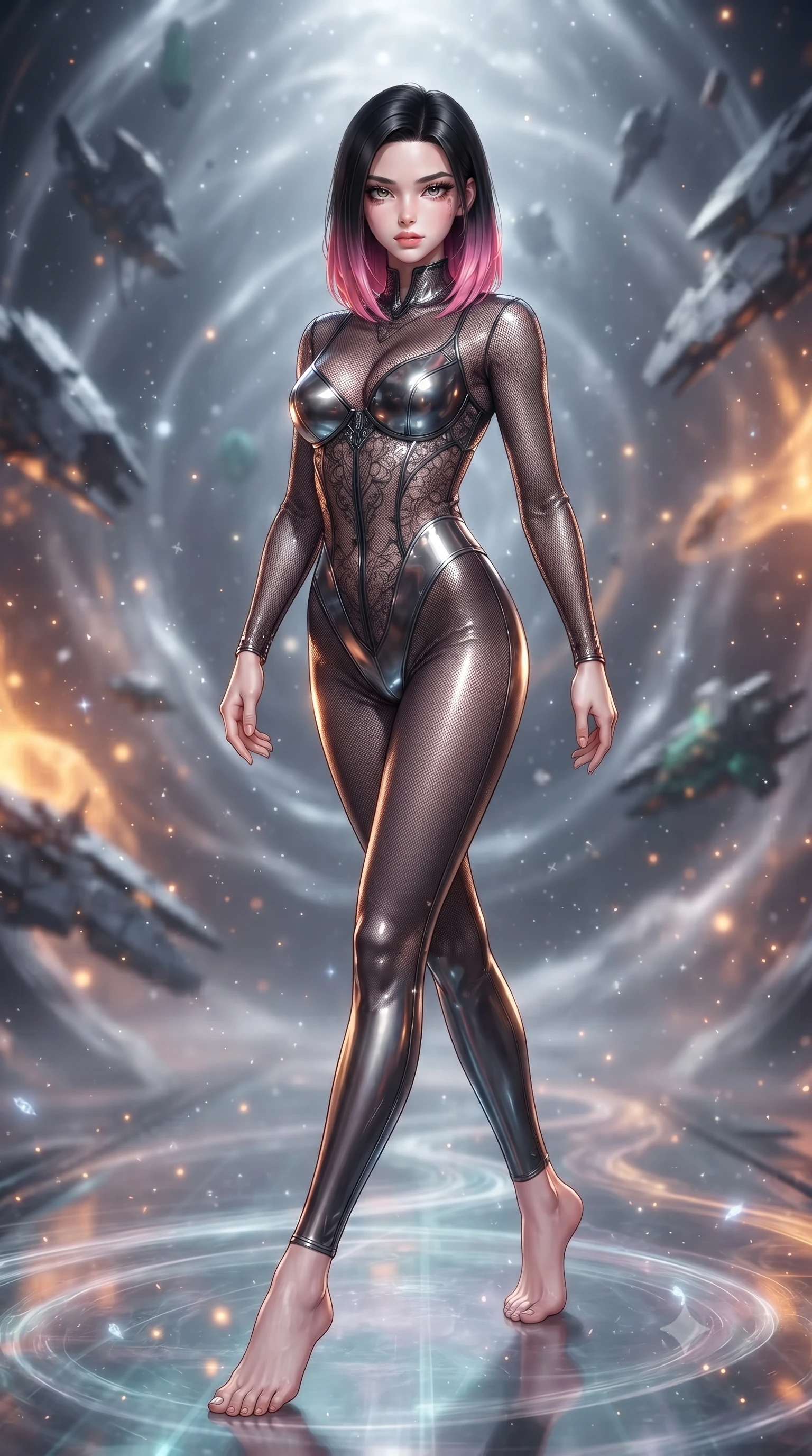 score_9, masterpiece, best quality, ultra-detailed, high-budget anime keyframe, editorial fashion photography, tasteful artistic composition, Korean woman. low angle full-body shot from head to toe showing her feet, filling the entire 9:16 vertical frame with her statuesque presence, stretching her vertical silhouette. stepping gracefully through floating stardust particles, her body-contouring suit showing her athletic, slender silhouette, the background shows a soft-focus a temporal rift corridor filled with floating relics from ancient space empires. She has an absolutely perfect, statuesque 8.5-heads proportion, an exceptionally tall and slender model-like female figure with impossibly long slender legs and an ultra-slim waist. sharp v-shaped jawline, high-bridge nose, intricate jewel-like eyes with depth, thick eyelashes, glossy lips with a natural sheen. wearing a form-contouring semi-opaque dark mesh catsuit with carbon-plated cups and fine lace-pattern panels across her torso. cool silver starlight clashing with amber stasis energy fields from the rift. ultra-reflective glossy finish, specular highlights, metallic sheen, high-contrast stereoscopic depth, volumetric dynamic lighting, 2k, ultra detail, master piece, 9:16 ratio